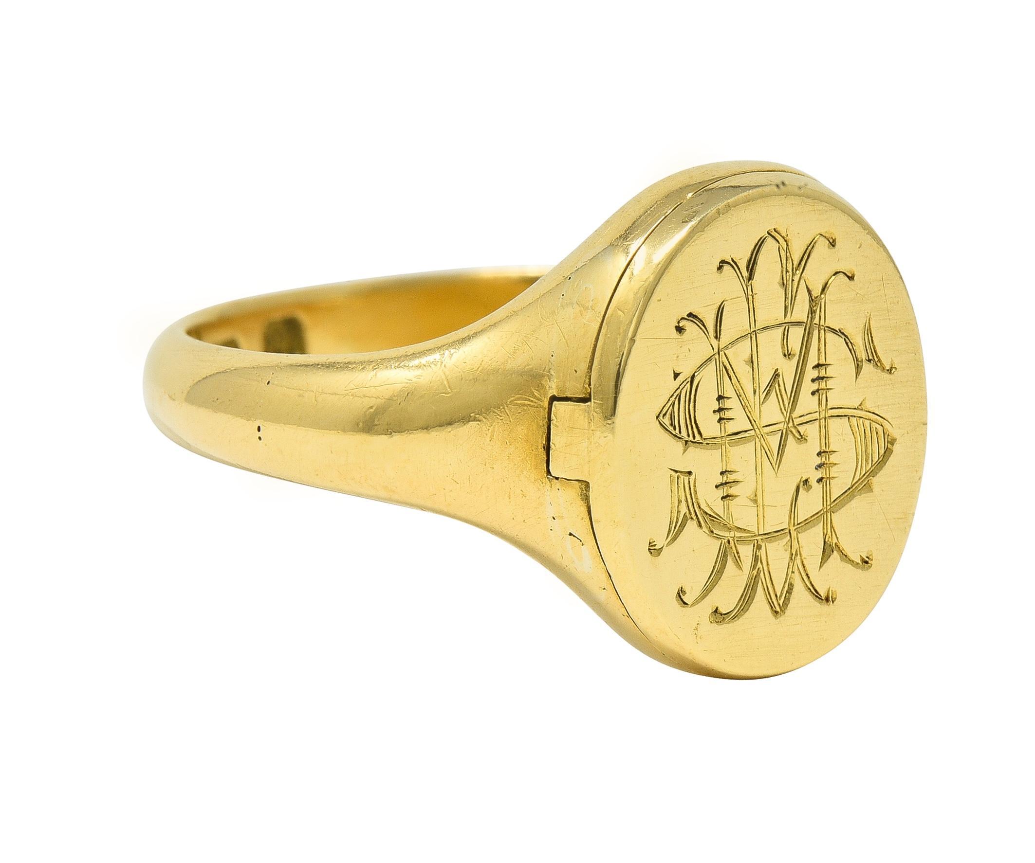 Antique 18 Karat Yellow Gold Monogram Signet Poison Hidden Compartment Ring For Sale 1
