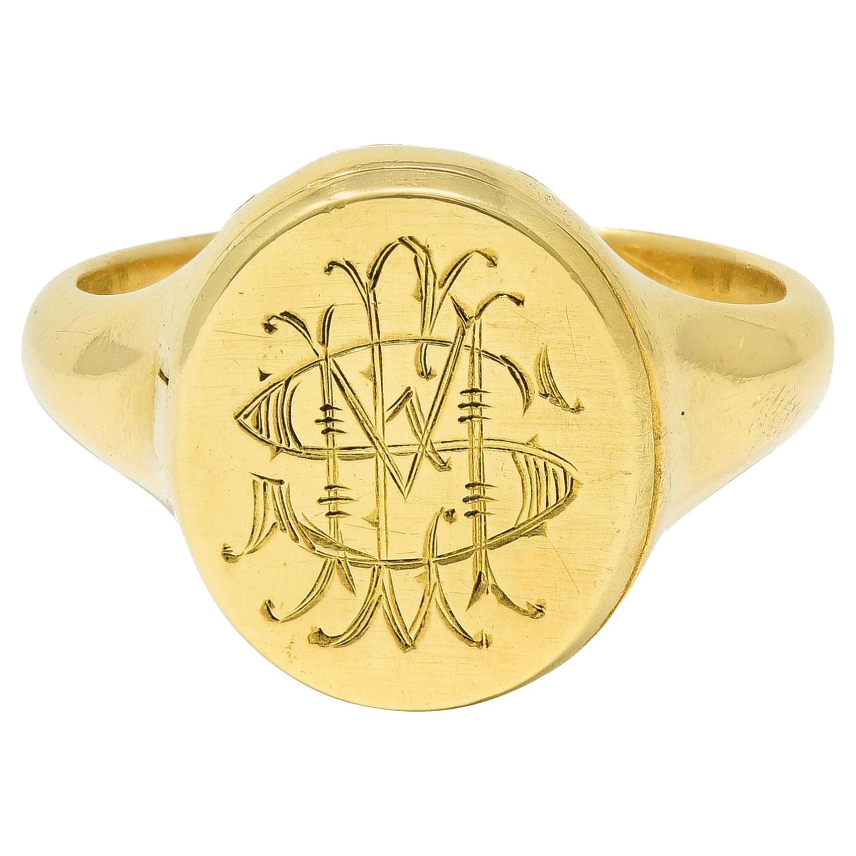 Antique 18 Karat Yellow Gold Monogram Signet Poison Hidden Compartment Ring For Sale