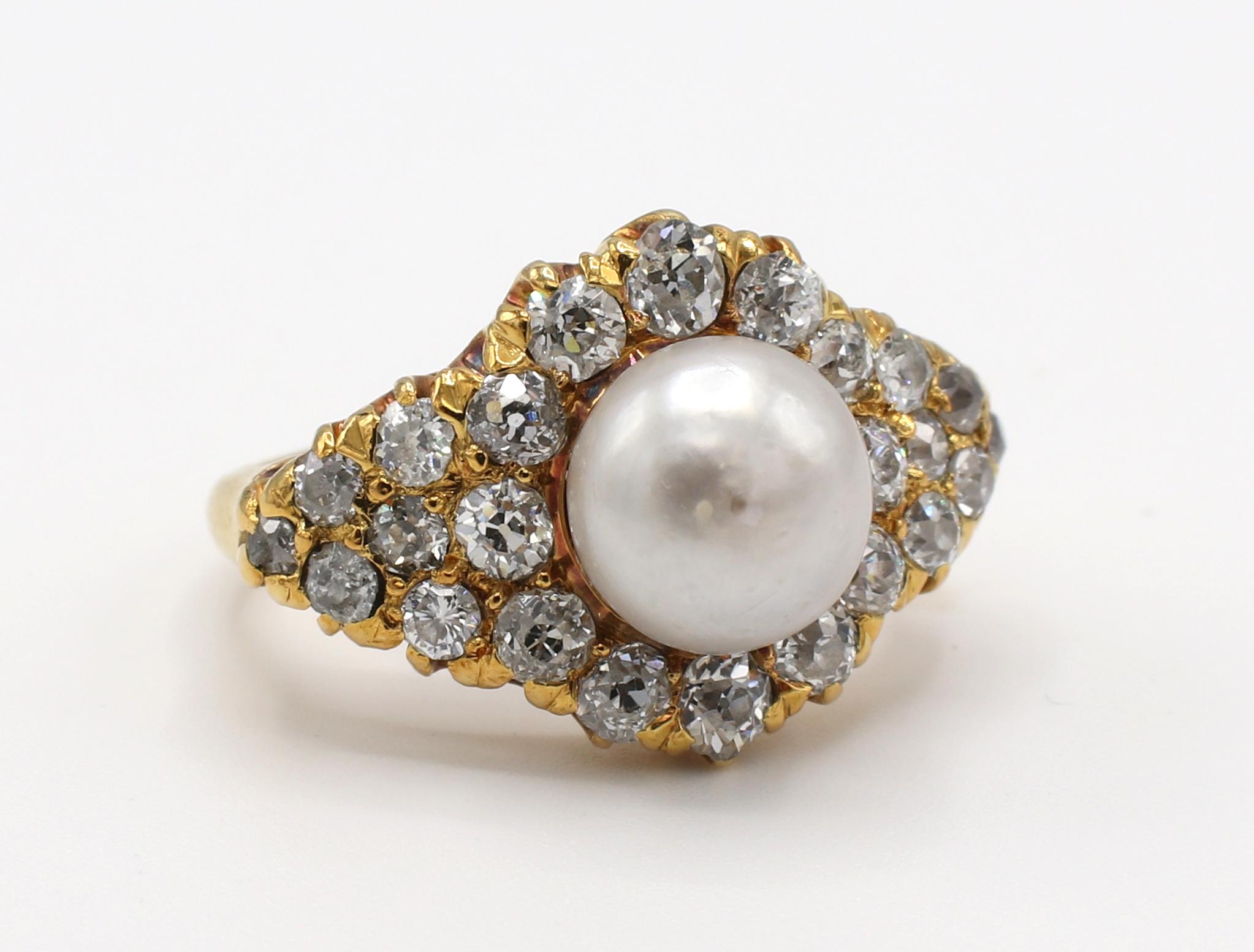 Antique 18 Karat Yellow Gold Old Mine Cut Diamond & Pearl Cluster Ring
Metal: 18k yellow gold
Weight: 6.89 grams
Diamonds: Approx. 1.20 CTW H-I SI
Pearl: 8mm white, creamy luster 
Top: 14.5 x 21.5mm
Size: 4.25 (US)
