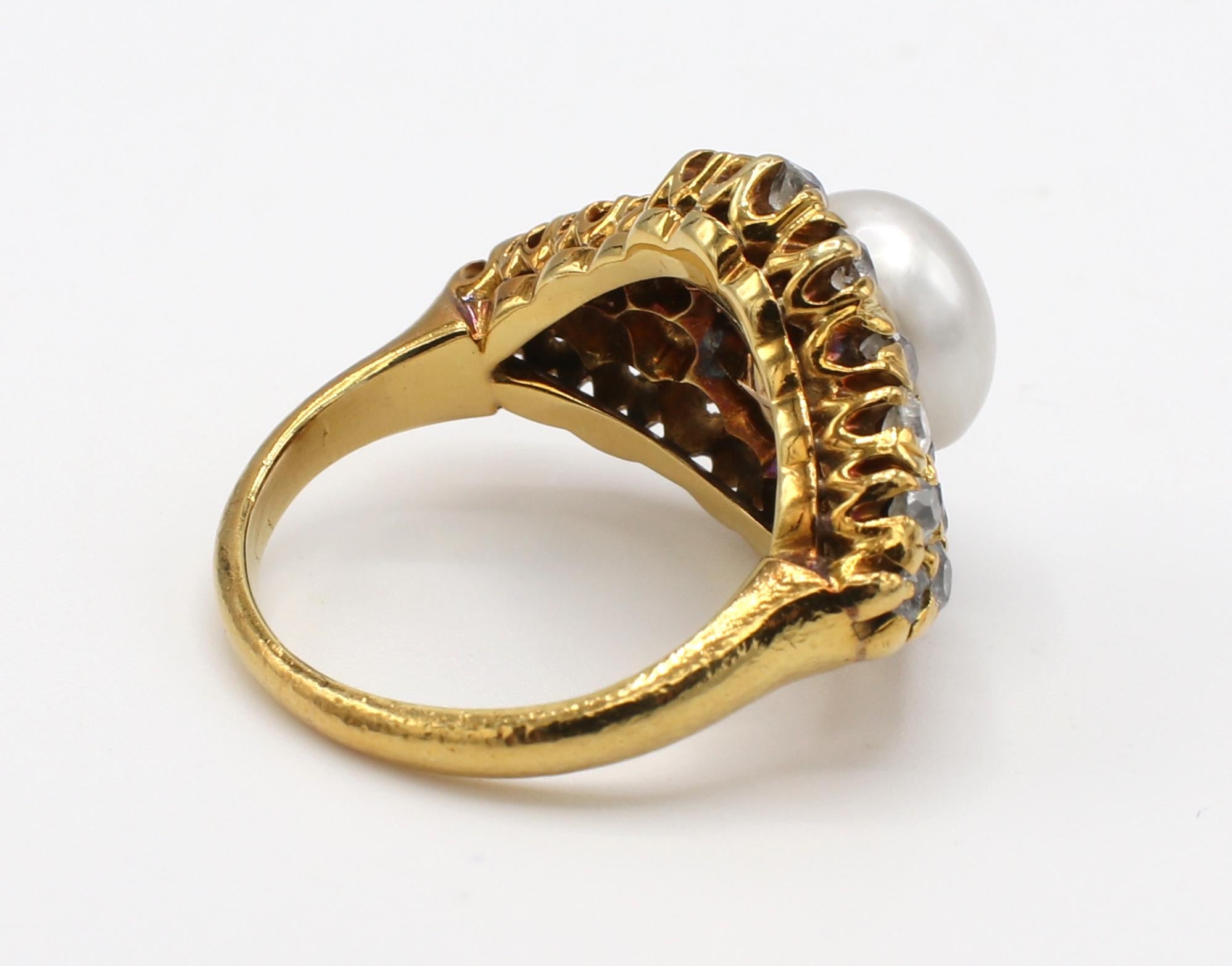 Antique 18 Karat Yellow Gold Old Mine Cut Diamond & Pearl Cluster Ring In Good Condition In  Baltimore, MD