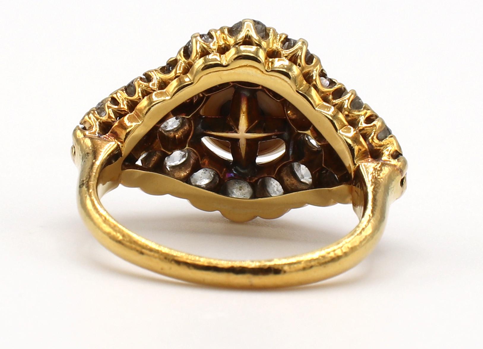 Women's Antique 18 Karat Yellow Gold Old Mine Cut Diamond & Pearl Cluster Ring