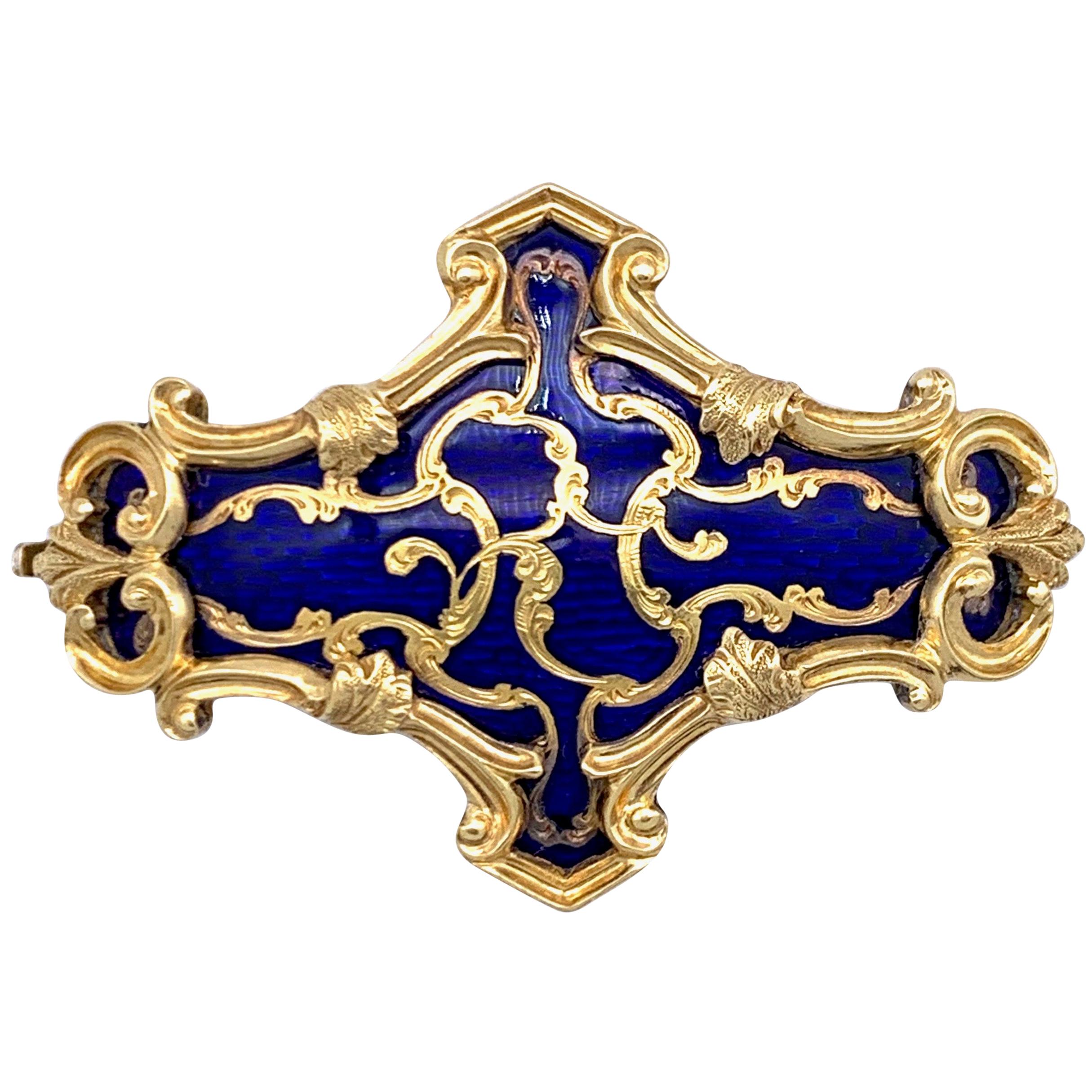 Antique fermoir orné de feuilles William IV en or jaune 18 carats et émail bleu