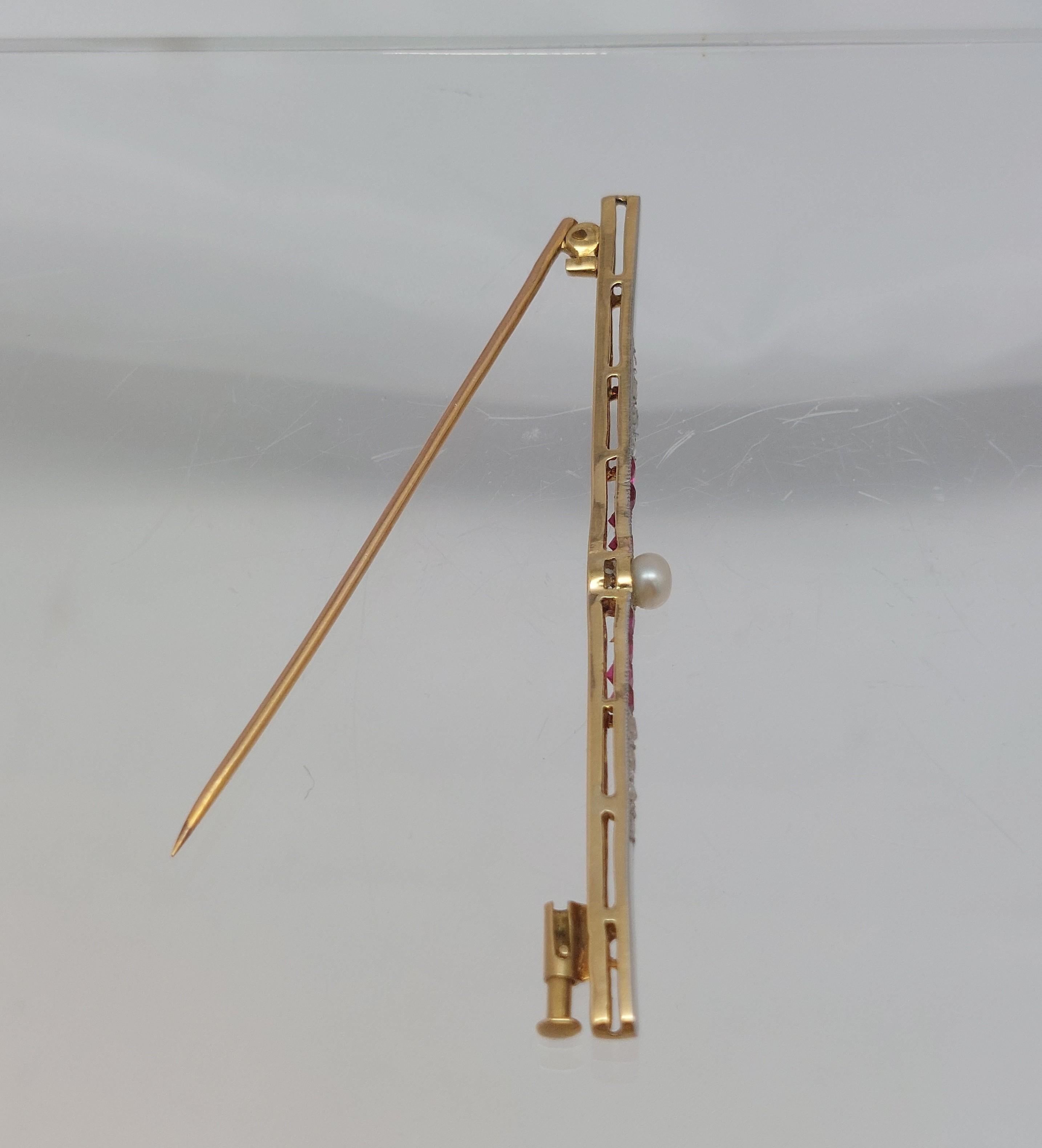 Antike 18 Karat Gelbgold & Platin Bar Pin mit Rubin & Diamant im Angebot 1