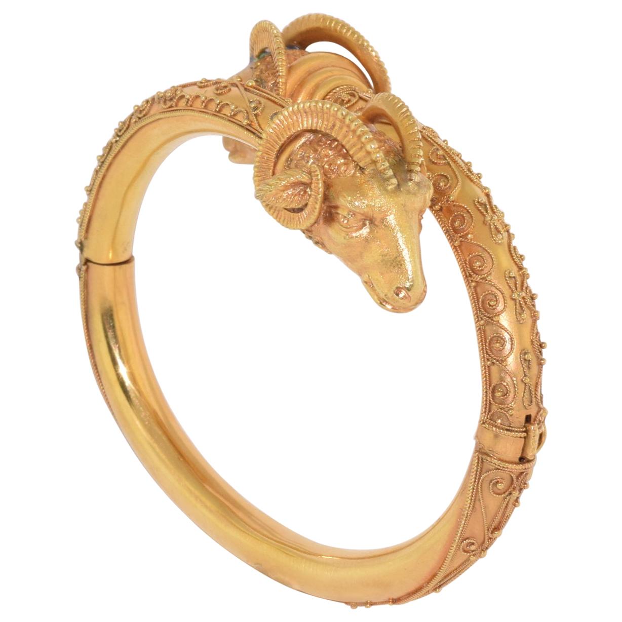 Antique 18 Karat Yellow Gold Rams Head Etruscan Revival Bangle, circa 1880s