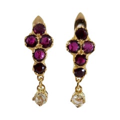 Antique 18 Karat Yellow Gold Ruby Cross Earrings with Diamond Dangle