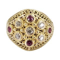 Antique 18 Karat Yellow Gold, Ruby, 
Diamond Cluster Ring