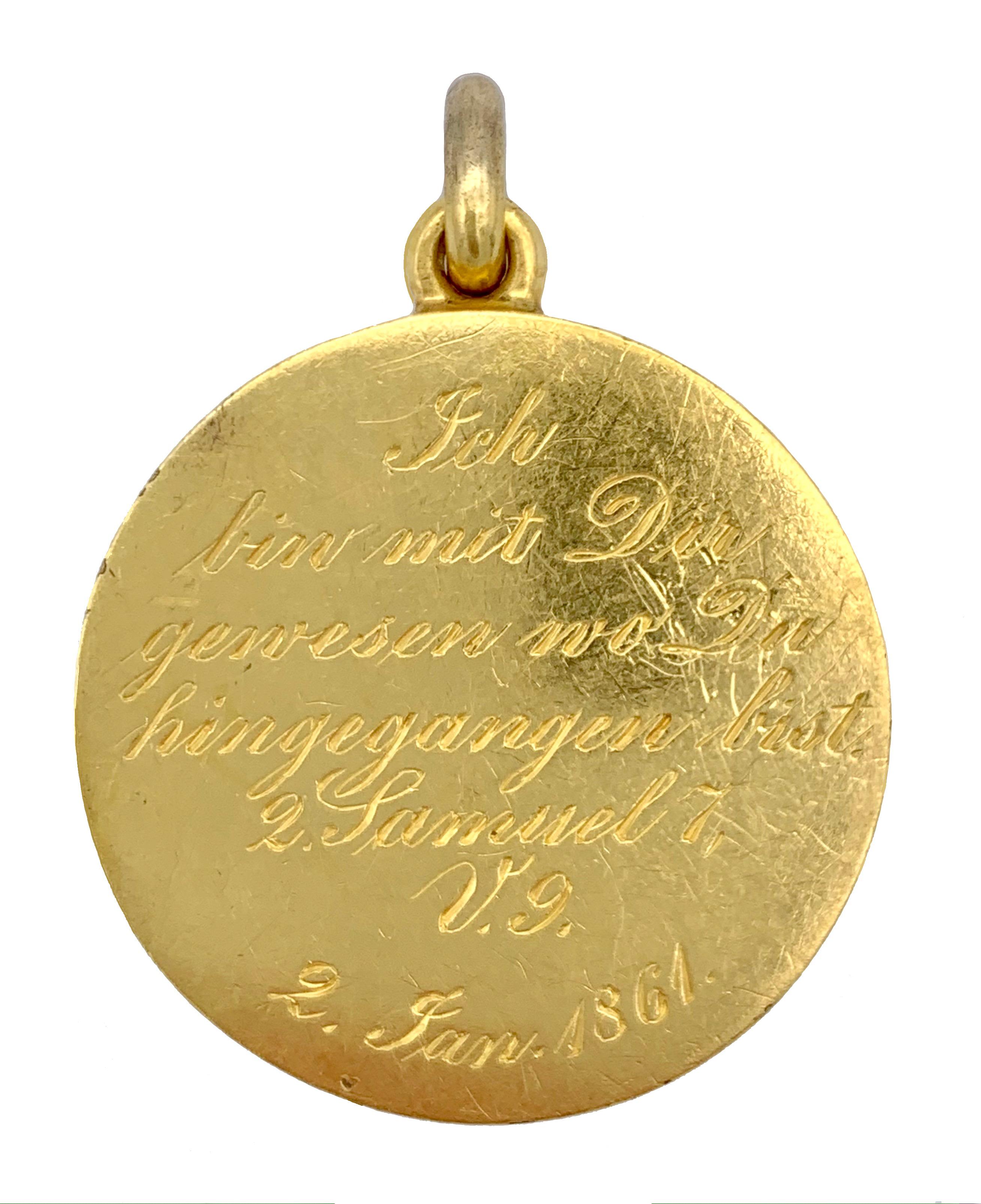 Victorien Médaillon ancien en or 18 carats Alpha Omega, citation de la Bible Christogram 2. Livre de Samuel en vente