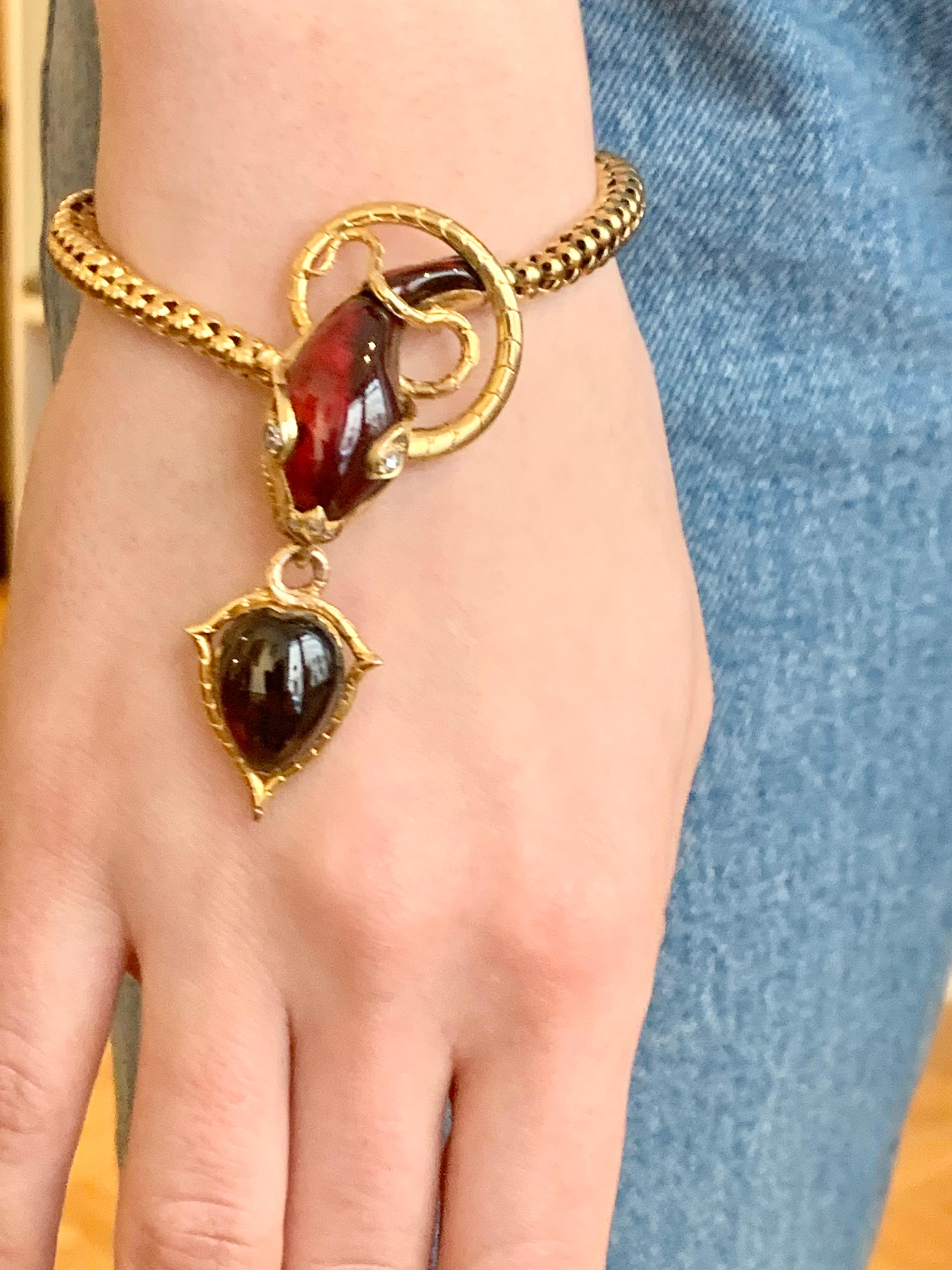 Antikes antikes 18 Kt Gold Schlangenschlangenarmband Schloss Almandin Granat Cabochon Diamant 6