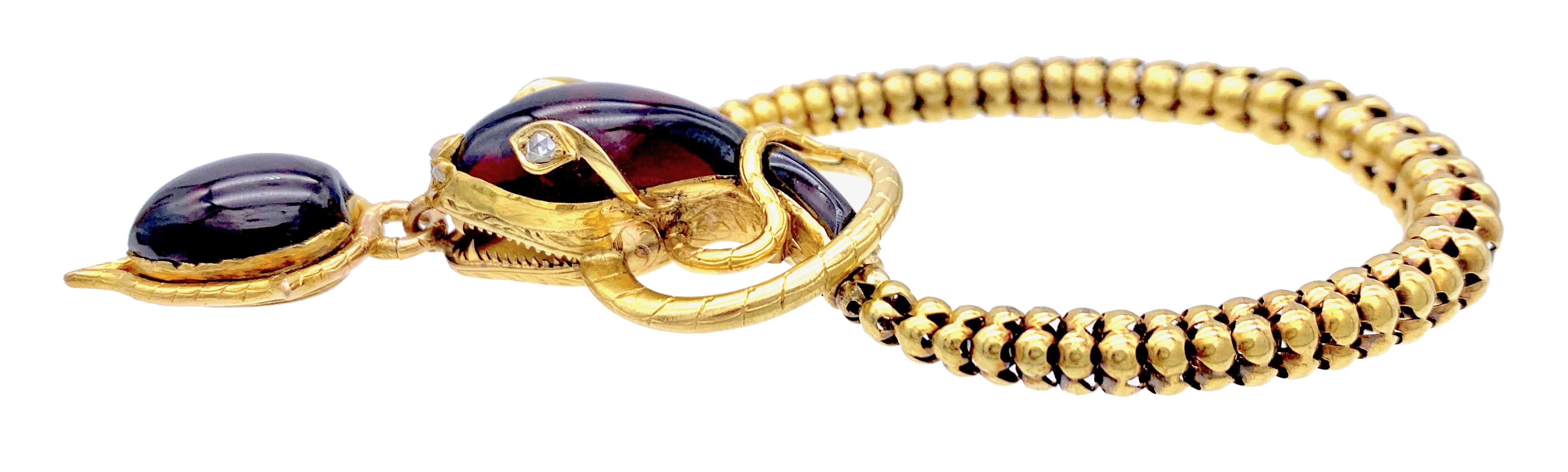 Antikes antikes 18 Kt Gold Schlangenschlangenarmband Schloss Almandin Granat Cabochon Diamant (Napoleon III.)