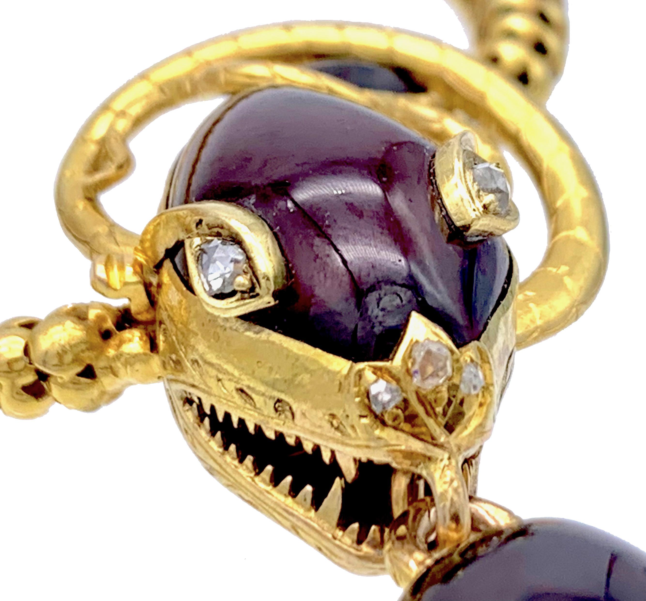 Antikes antikes 18 Kt Gold Schlangenschlangenarmband Schloss Almandin Granat Cabochon Diamant Damen