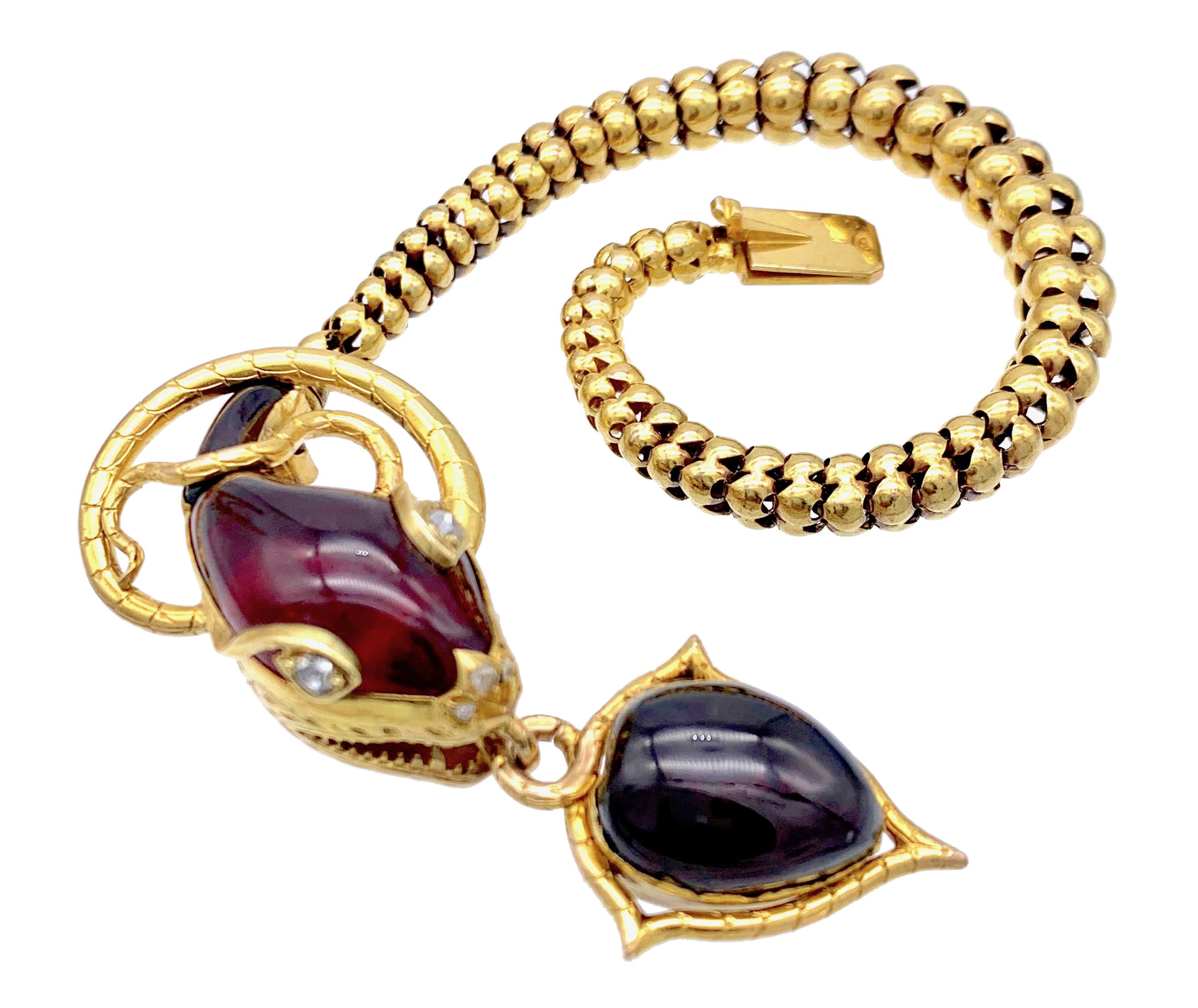 Antikes antikes 18 Kt Gold Schlangenschlangenarmband Schloss Almandin Granat Cabochon Diamant 1