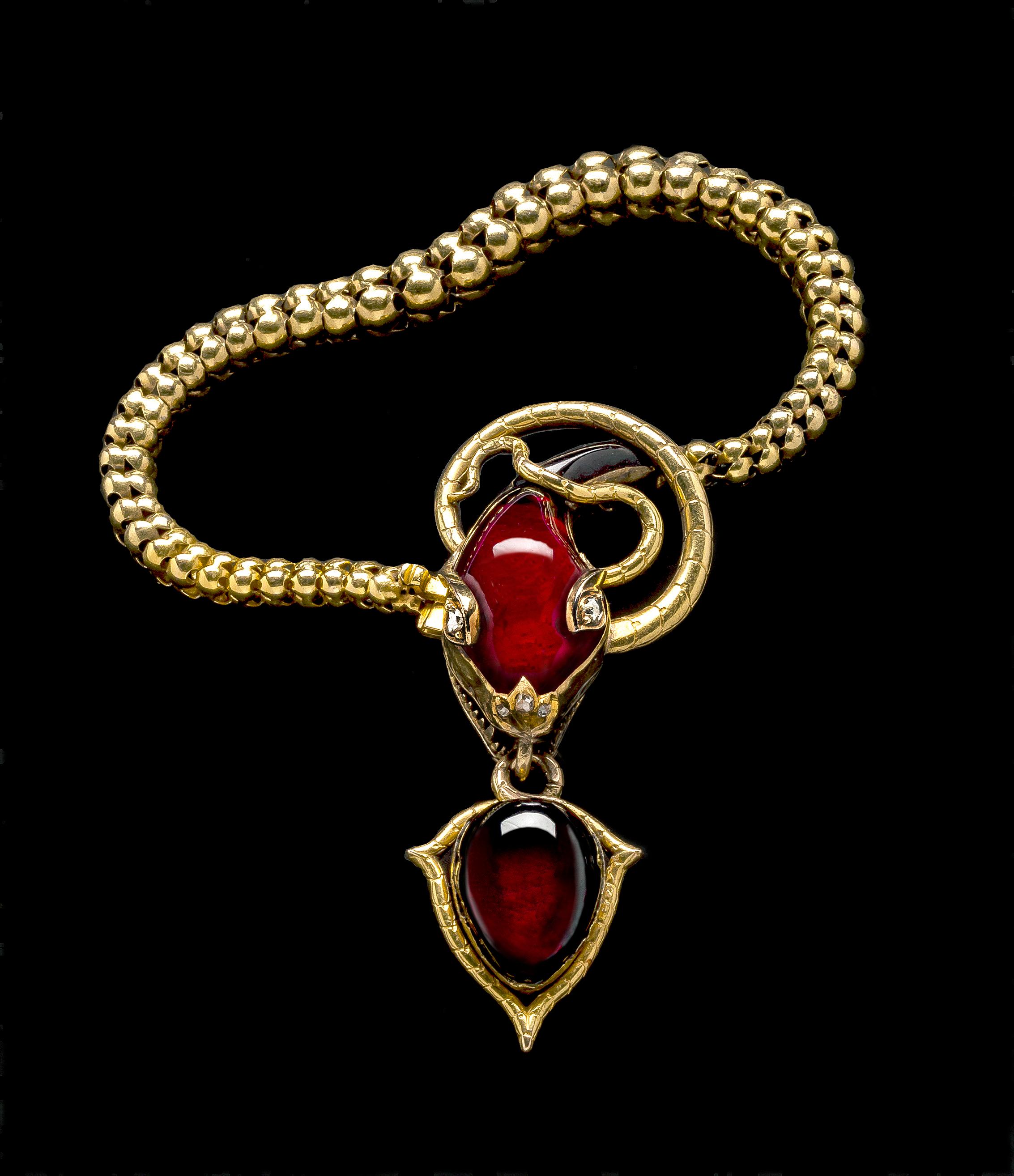 Antikes antikes 18 Kt Gold Schlangenschlangenarmband Schloss Almandin Granat Cabochon Diamant 4