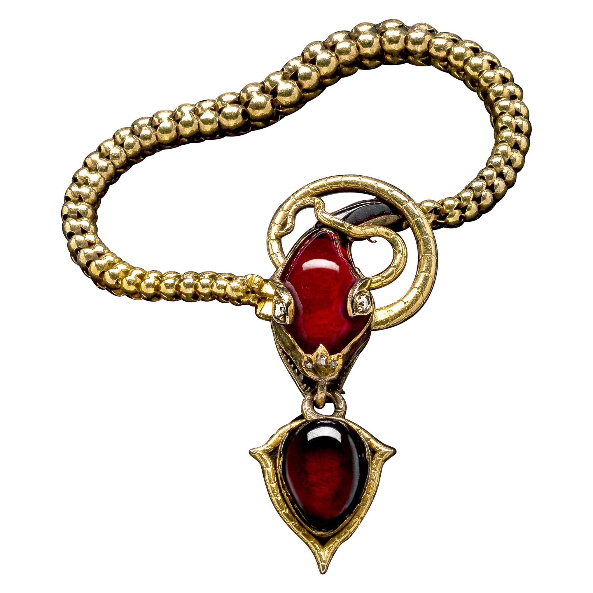 Antikes antikes 18 Kt Gold Schlangenschlangenarmband Schloss Almandin Granat Cabochon Diamant