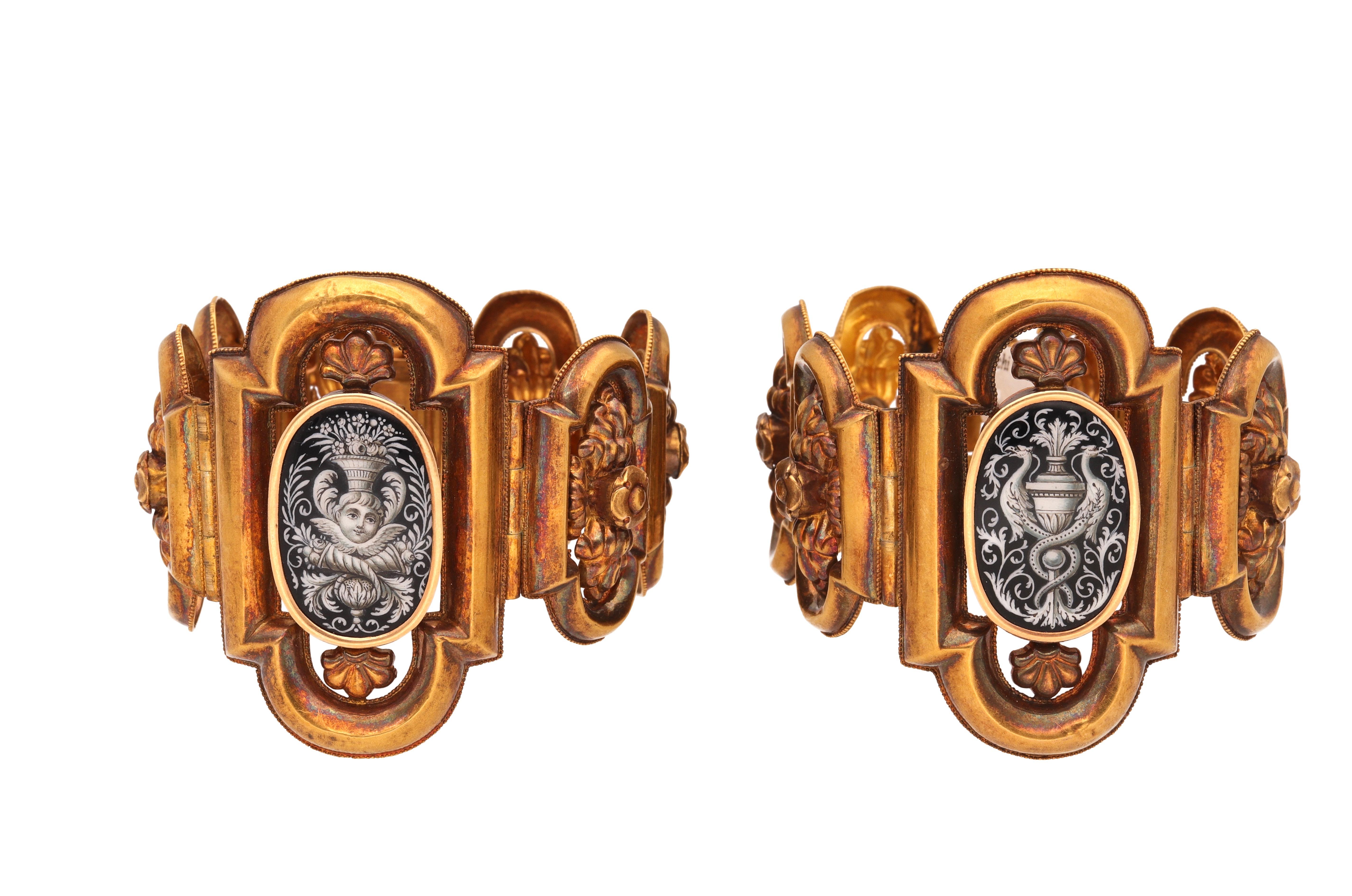 Women's Antique 18 Karat Yellow Gold Enamel Bracelets
