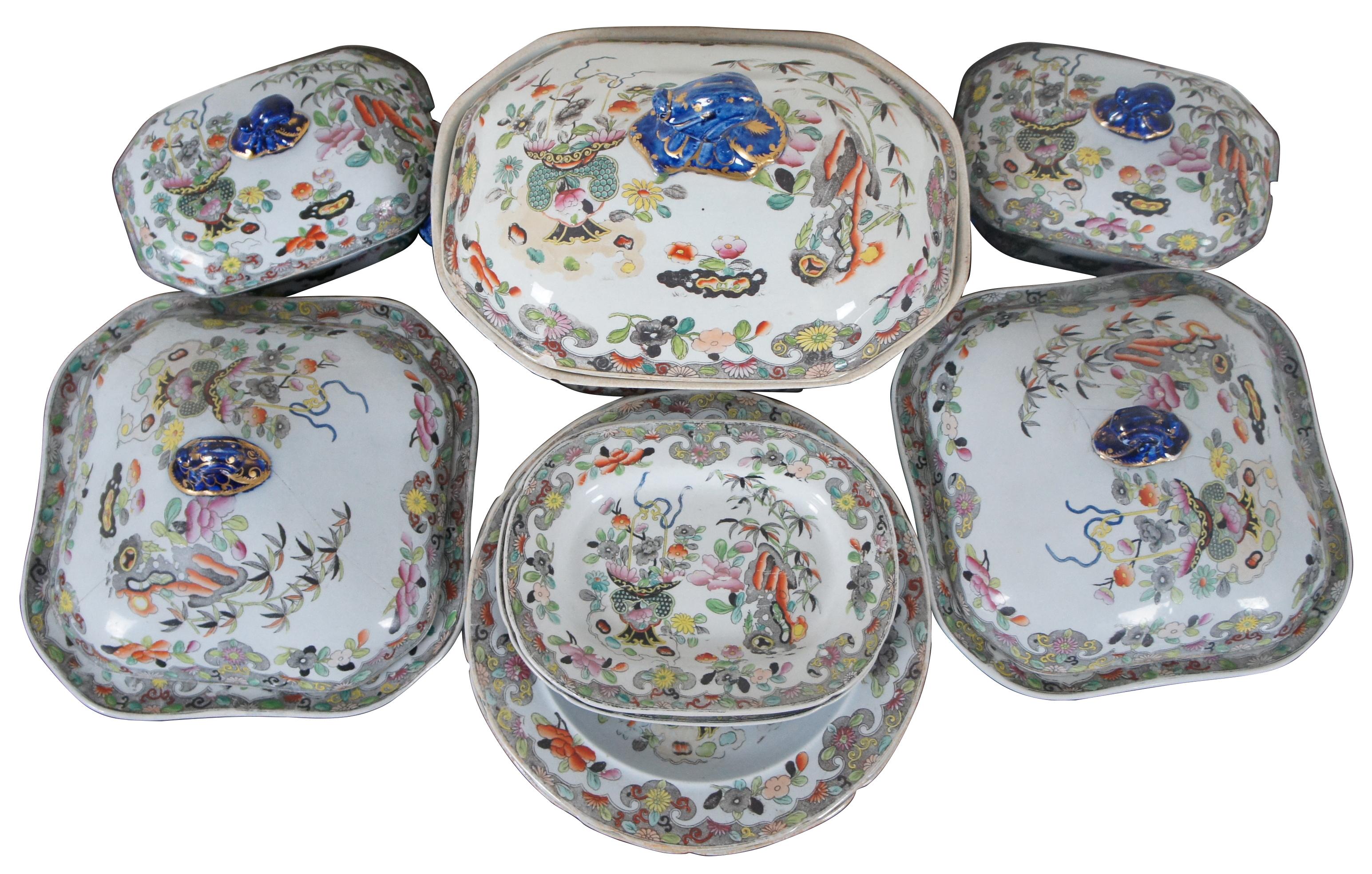 Circa 1820 Stephen Folch dinner set in Bamboo & Basket pattern with Royal Arms mark, Circa 1825

Each piece has a light grey-blue glaze and has been beautifully and carefully hand-painted in a chinoiserie pattern in bold colorful enamels over a