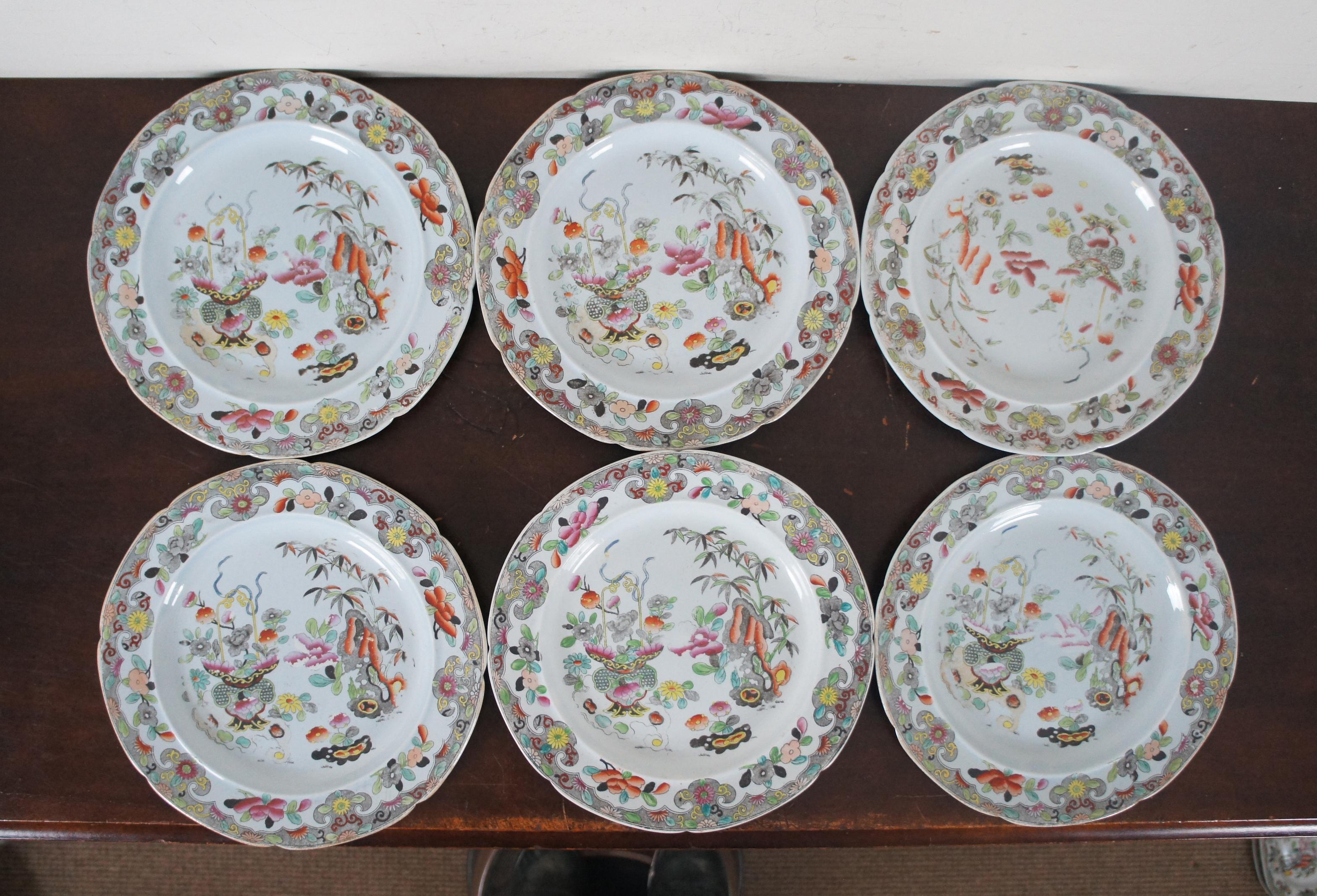 Antique 18 Pc Stephan Folch Bamboo & Basket Han Painted Ironstone China Set 1825 For Sale 2