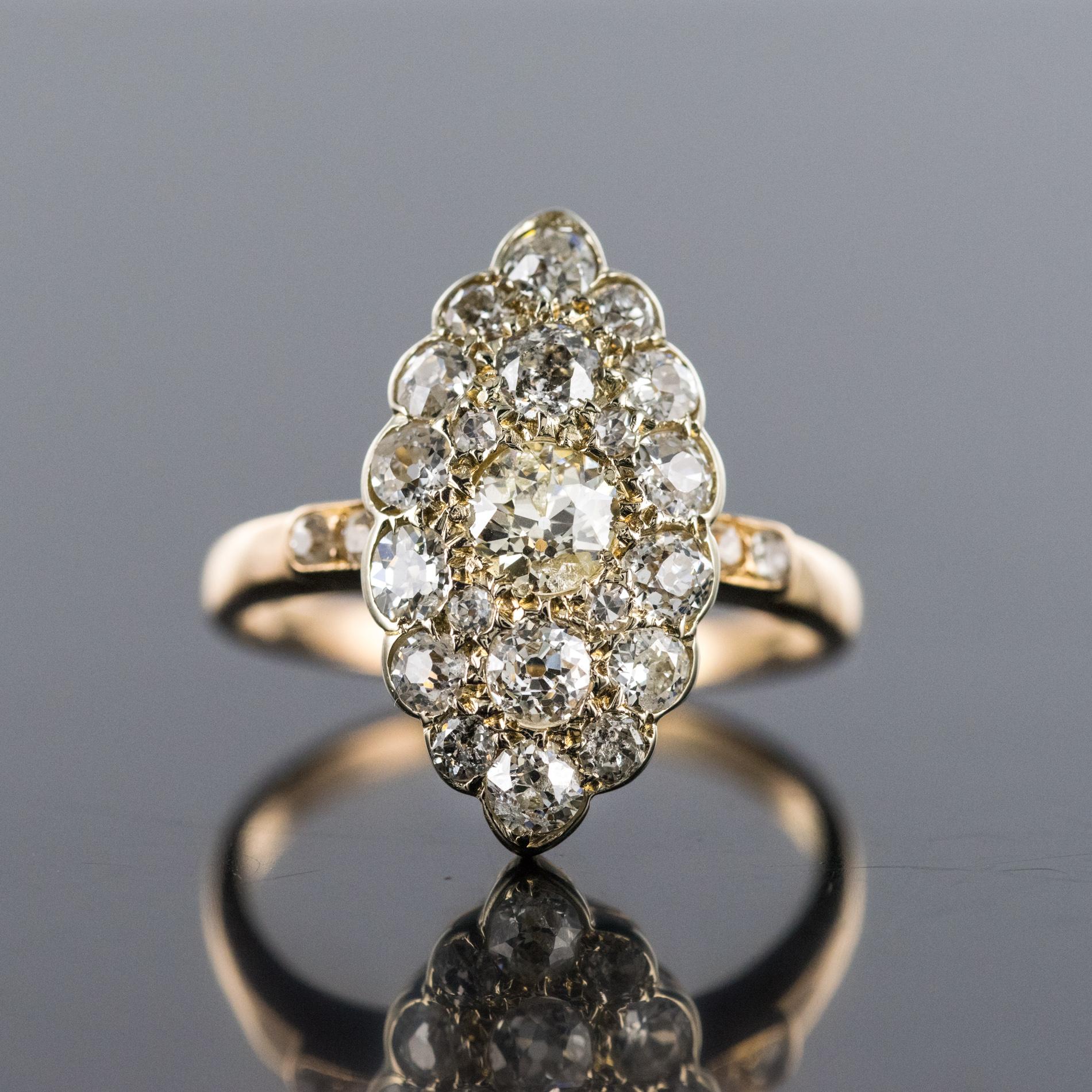 Retro Antique 1.80 Carat Diamonds 18 Karat Yellow White Gold Marquise Ring