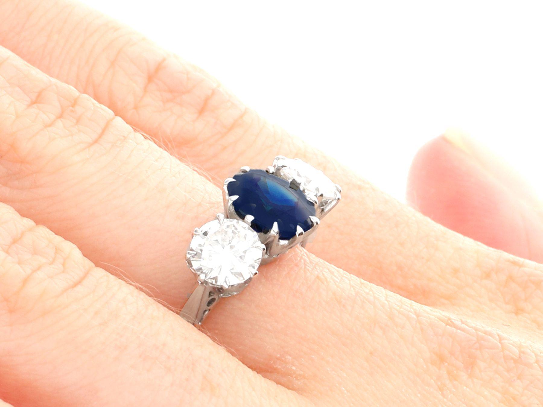 Women's or Men's Antique 1.80 Carat Sapphire and 1.35 Carat Diamond White Gold Trilogy Ring For Sale
