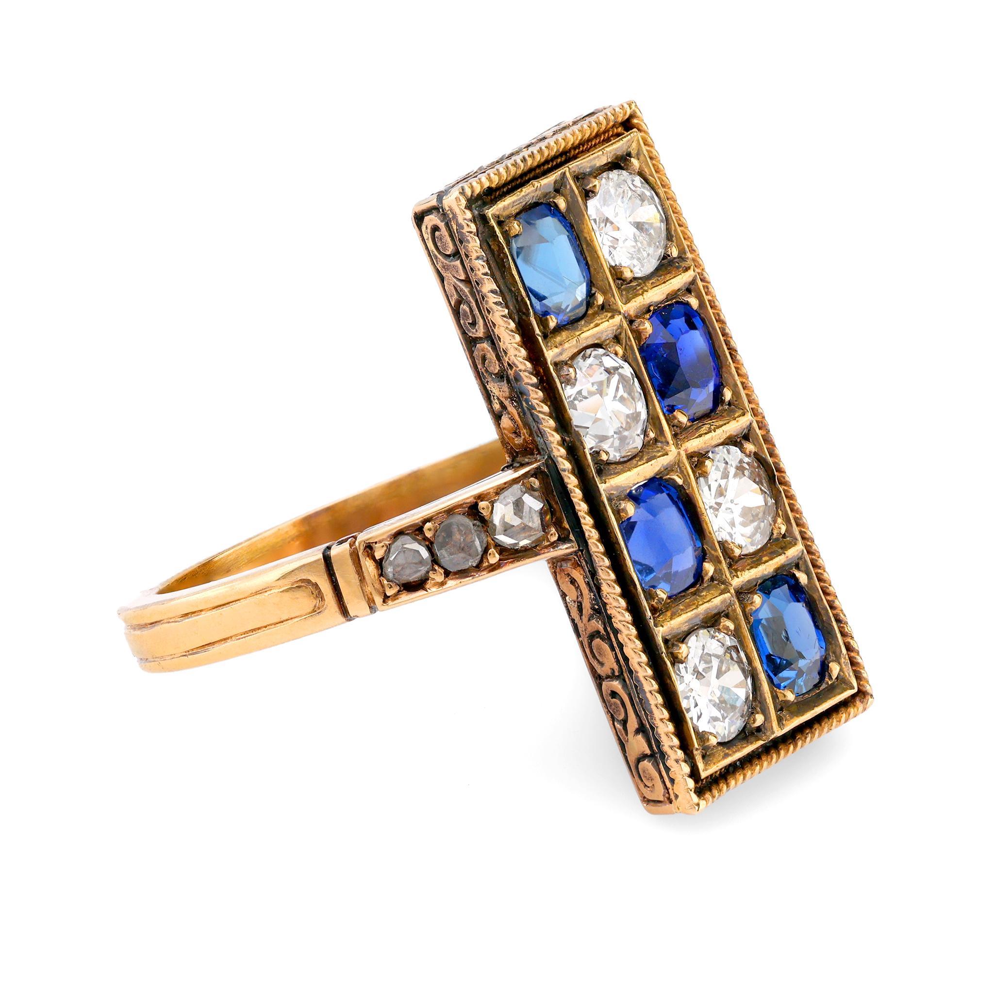 Victorian Antique 1.80 carat total weight gemstone 18k yellow gold checkerboard ring For Sale