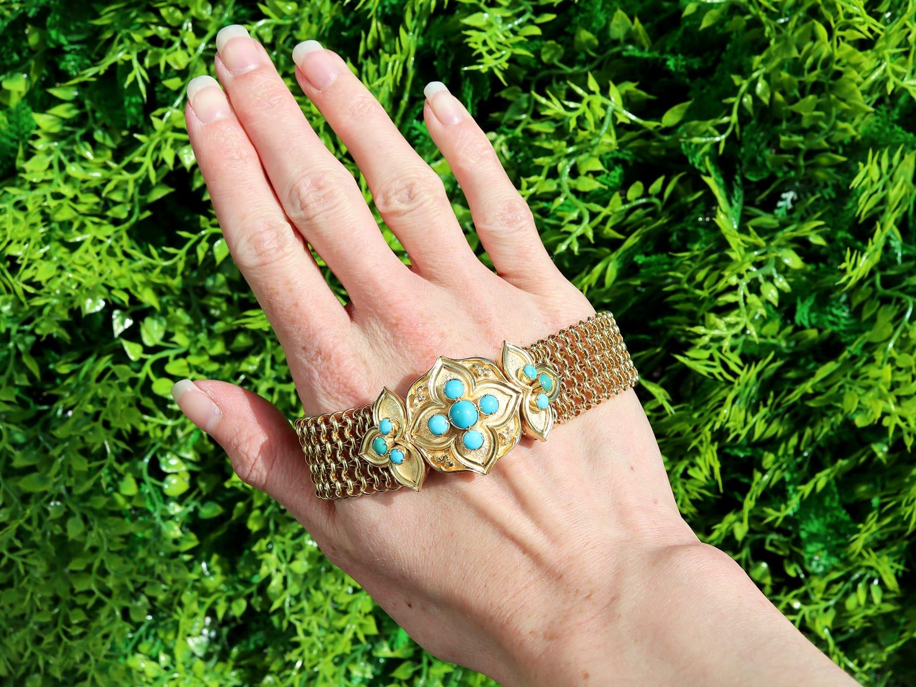 Un exceptionnel, fin et impressionnant bracelet victorien ancien en turquoise de 1,80 carat et or jaune de 21 carats ; faisant partie de nos diverses collections de bijoux victoriens anciens.

Ce magnifique bracelet victorien antique a été réalisé