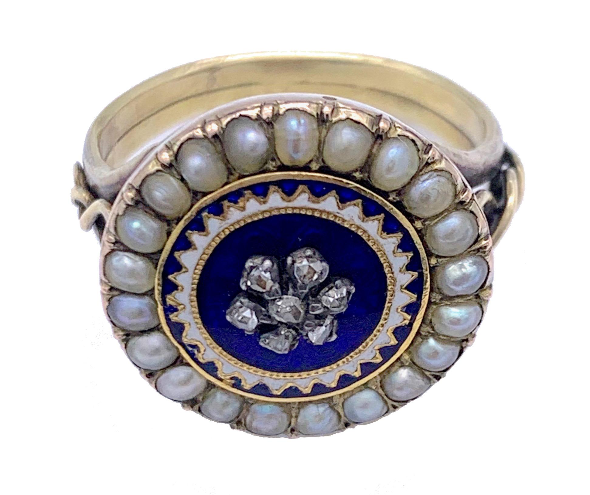 Rose Cut Antique 1800 Georg III 15k Gold Orient Pearls Diamond Enamel Gold Silver Ring