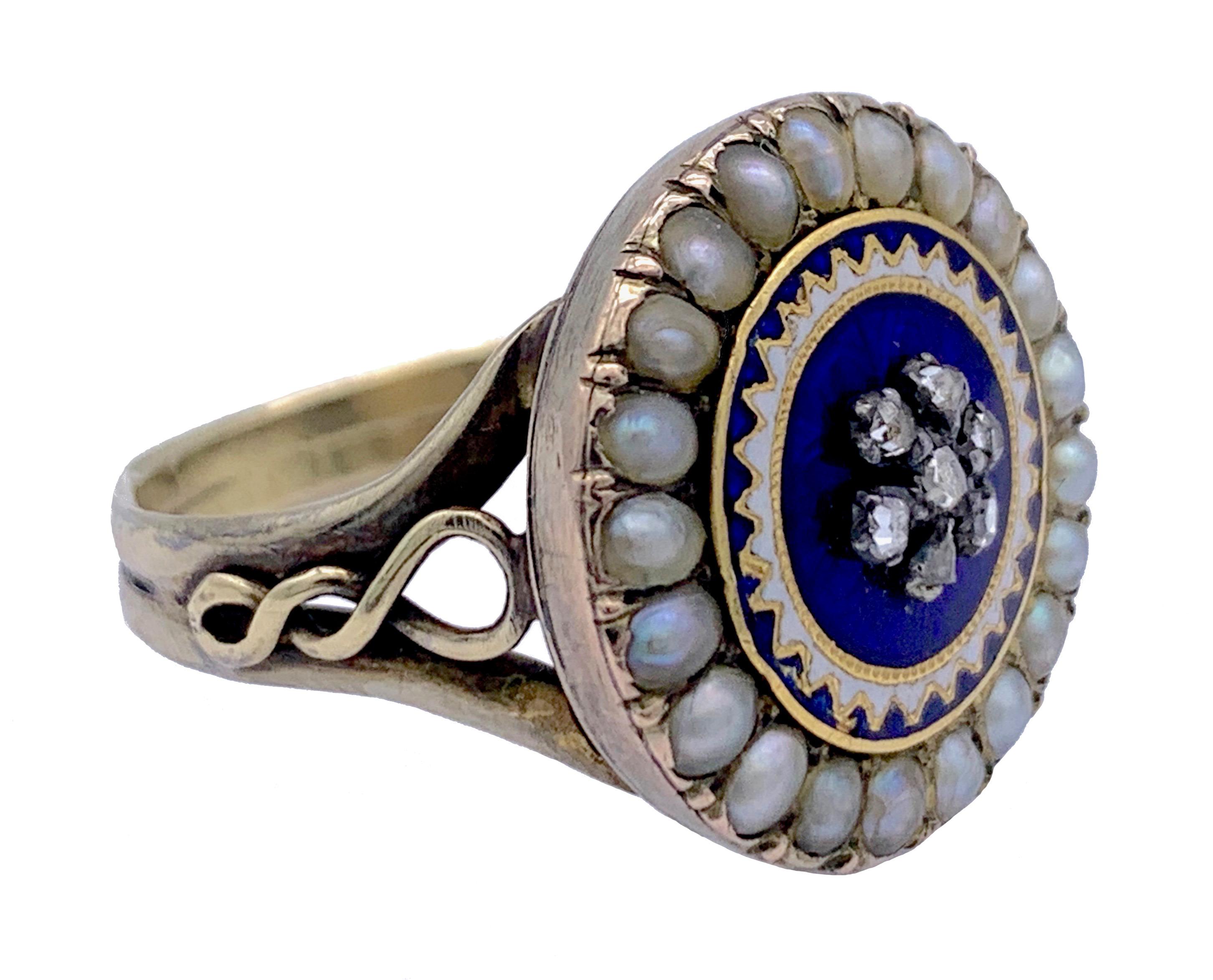 George III Antique 1800 Georg III 15k Gold Orient Pearls Diamond Enamel Gold Silver Ring