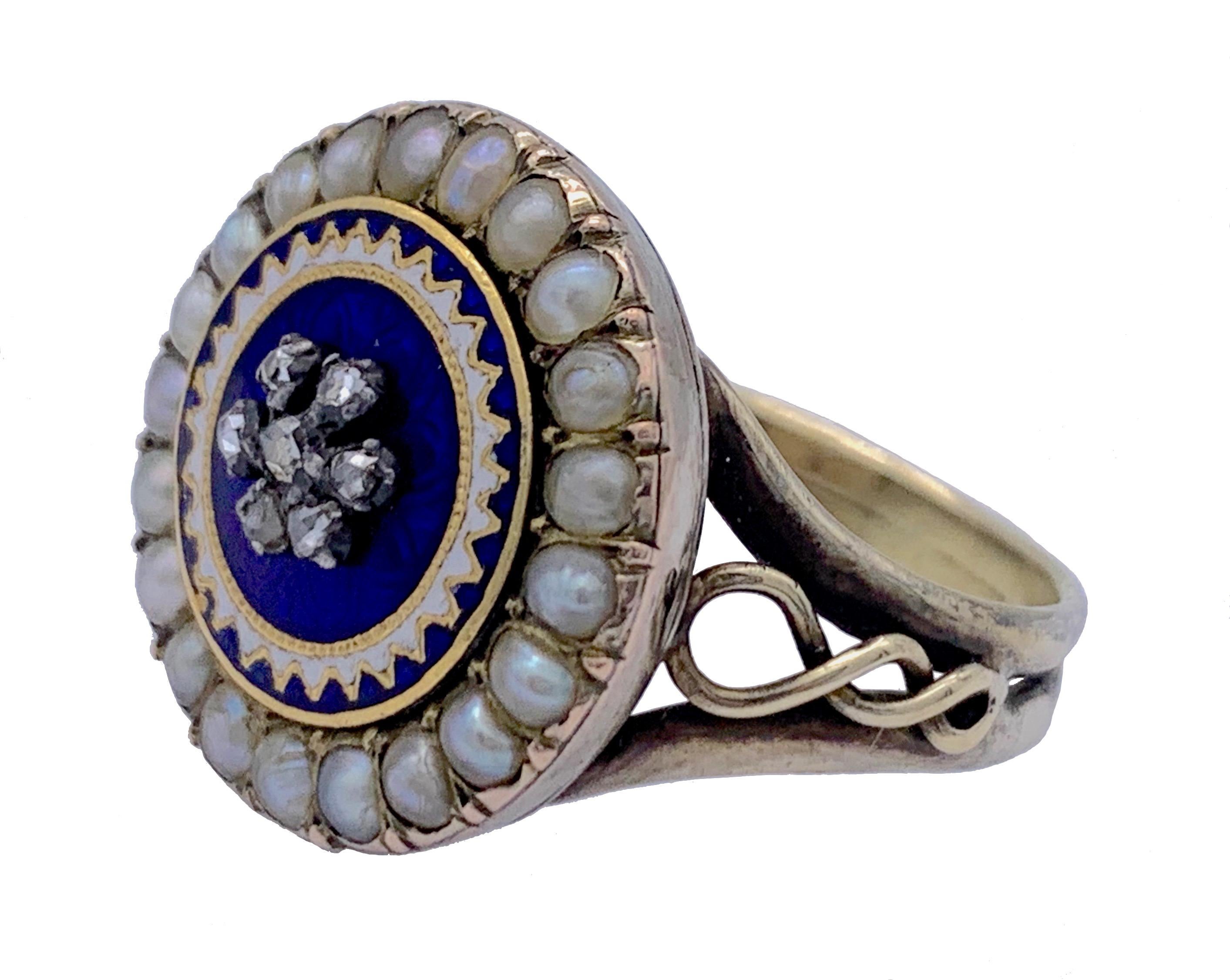 Women's Antique 1800 Georg III 15k Gold Orient Pearls Diamond Enamel Gold Silver Ring