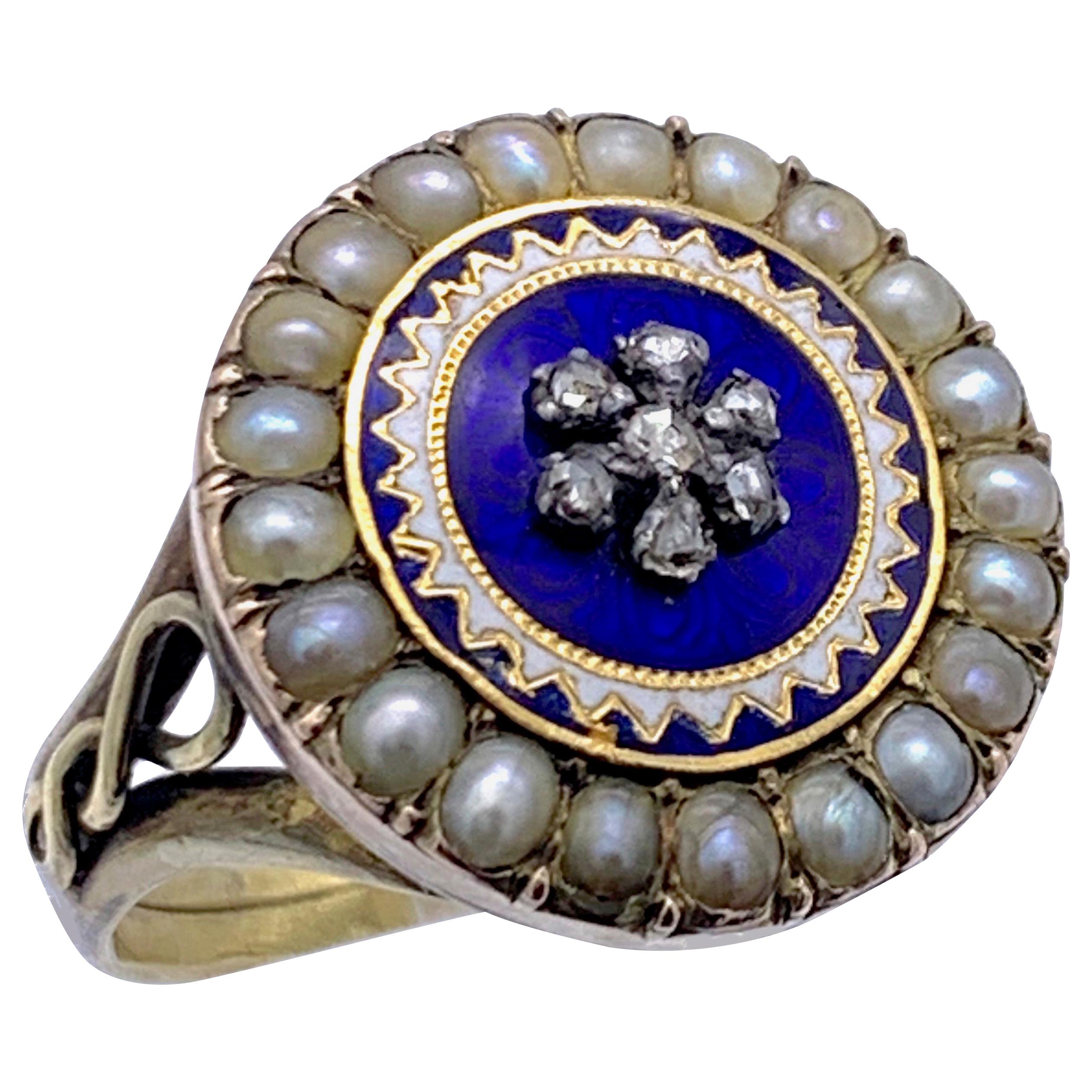 Antique 1800 Georg III 15k Gold Orient Pearls Diamond Enamel Gold Silver Ring