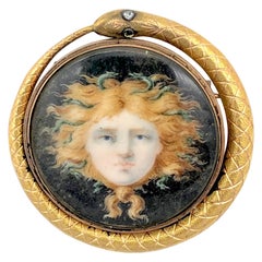 Antique 1800 Medusa Miniature Painting Gold Silver Diamond Snake Eternity Symbol