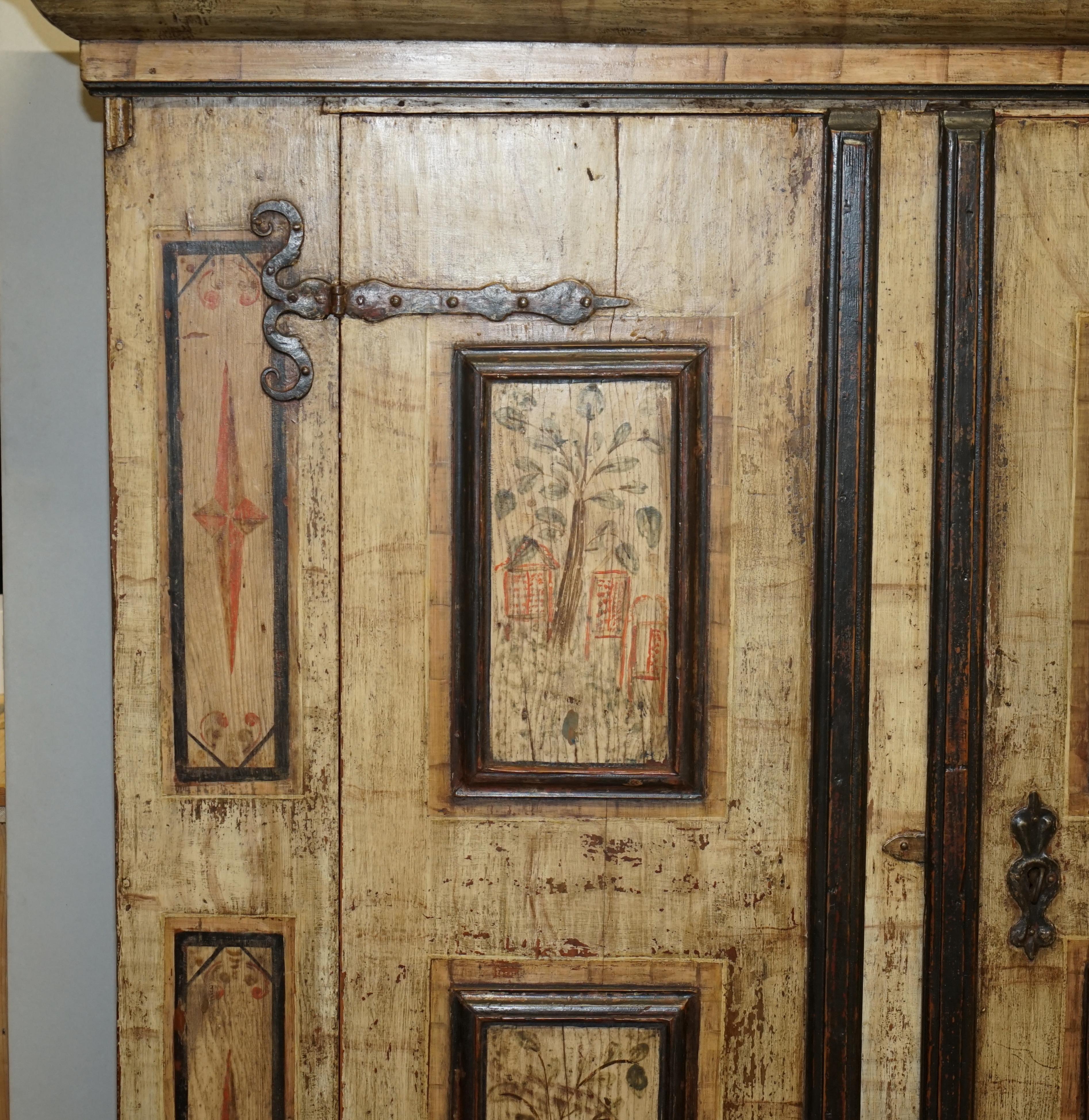 George III Antique 1800 Tree of Life Hand Painted Austrian Housekeepers Cupboard Wardrobe For Sale