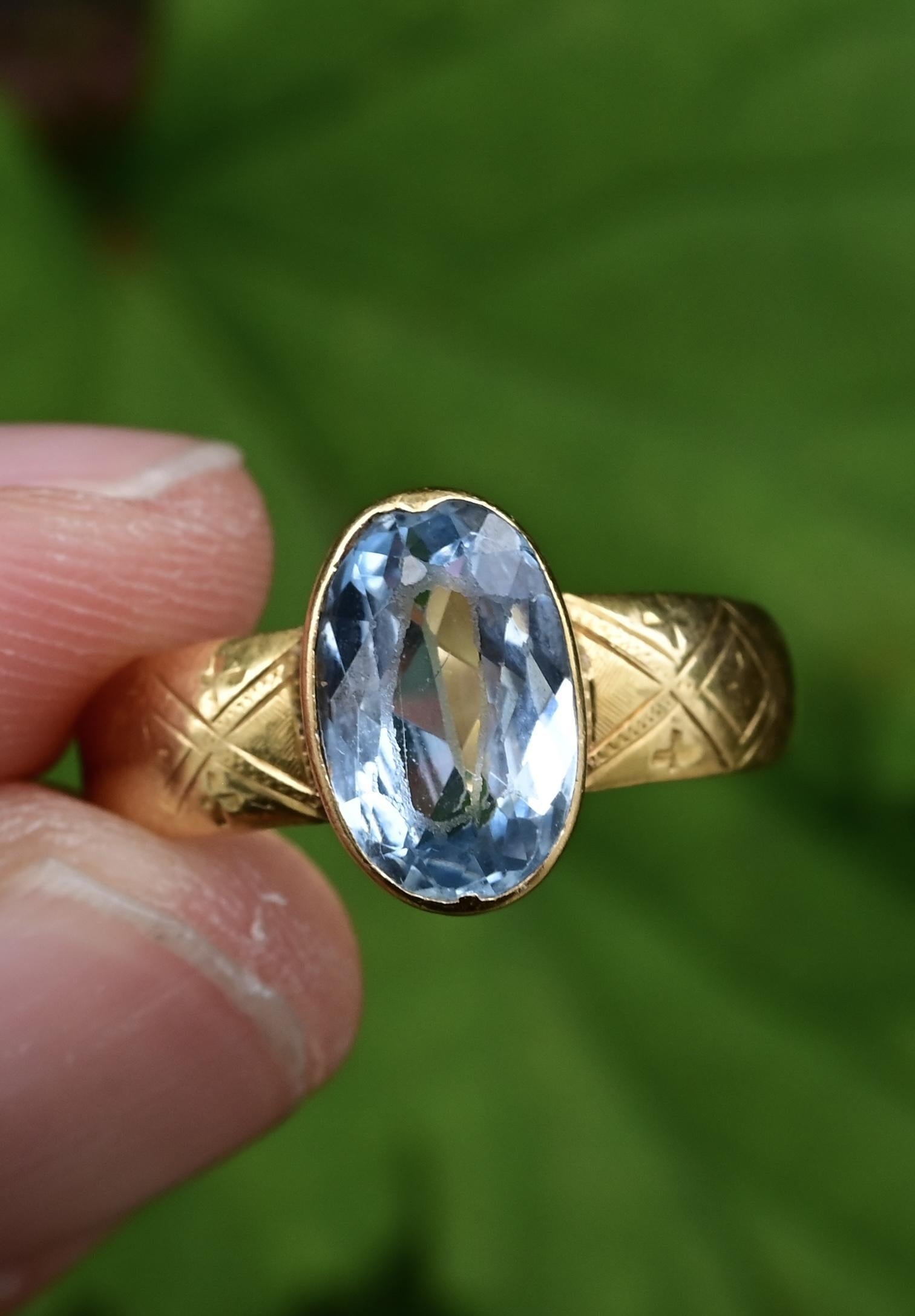 Antique 1800s 18K Yellow Gold Ring w/ Blue Lab-Grown Spinel – Oval Brilliant, Size 7.25, 2.60 dwt

Capture a piece of 19th-century elegance with this authentic antique ring from the 1800s, crafted in rich 18 karat yellow gold. This beautifully