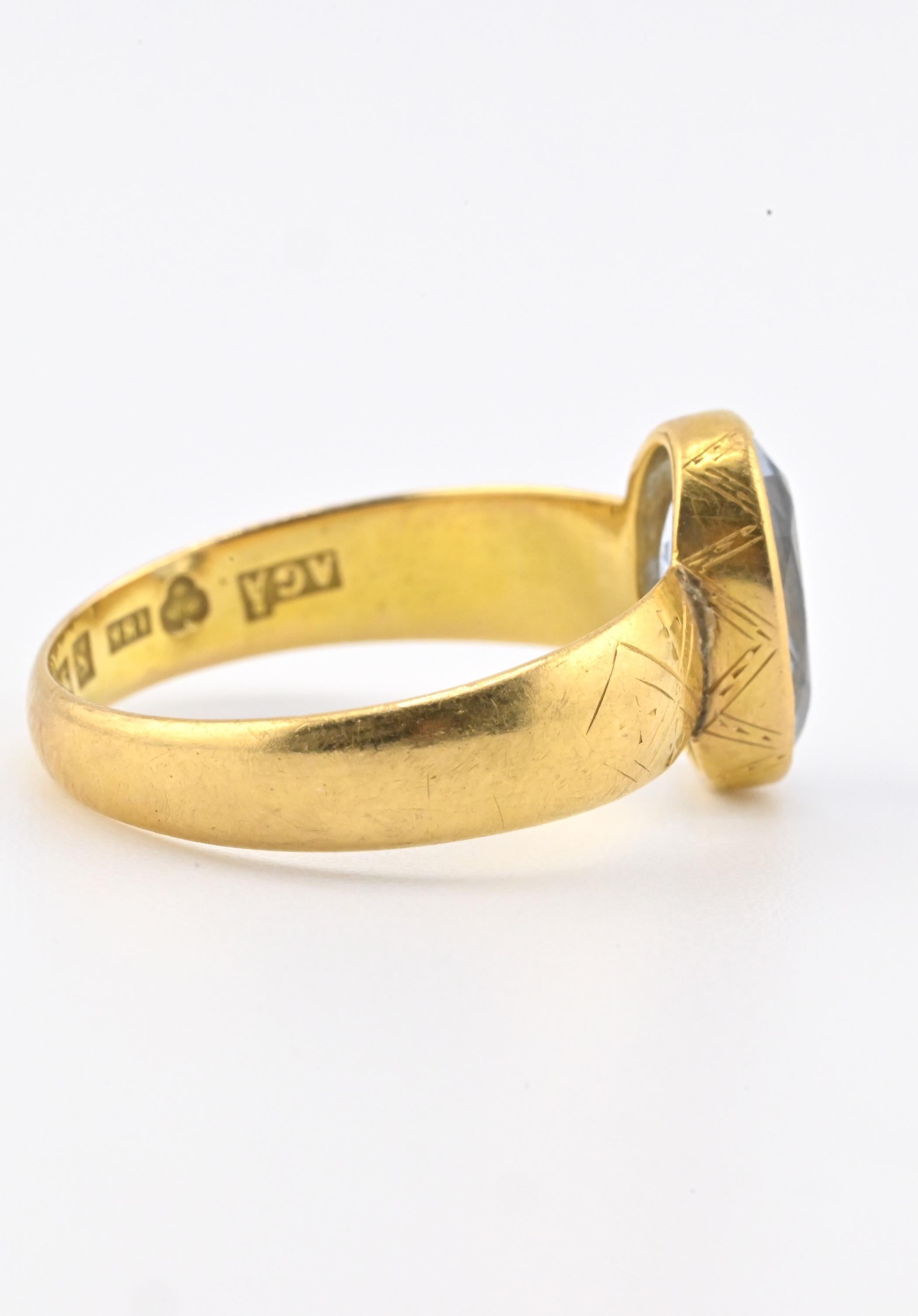 Women's or Men's Antique 1800s 18K Yellow Gold Ring w/ Blue Lab-Grown Spinel – Oval Brilliant For Sale