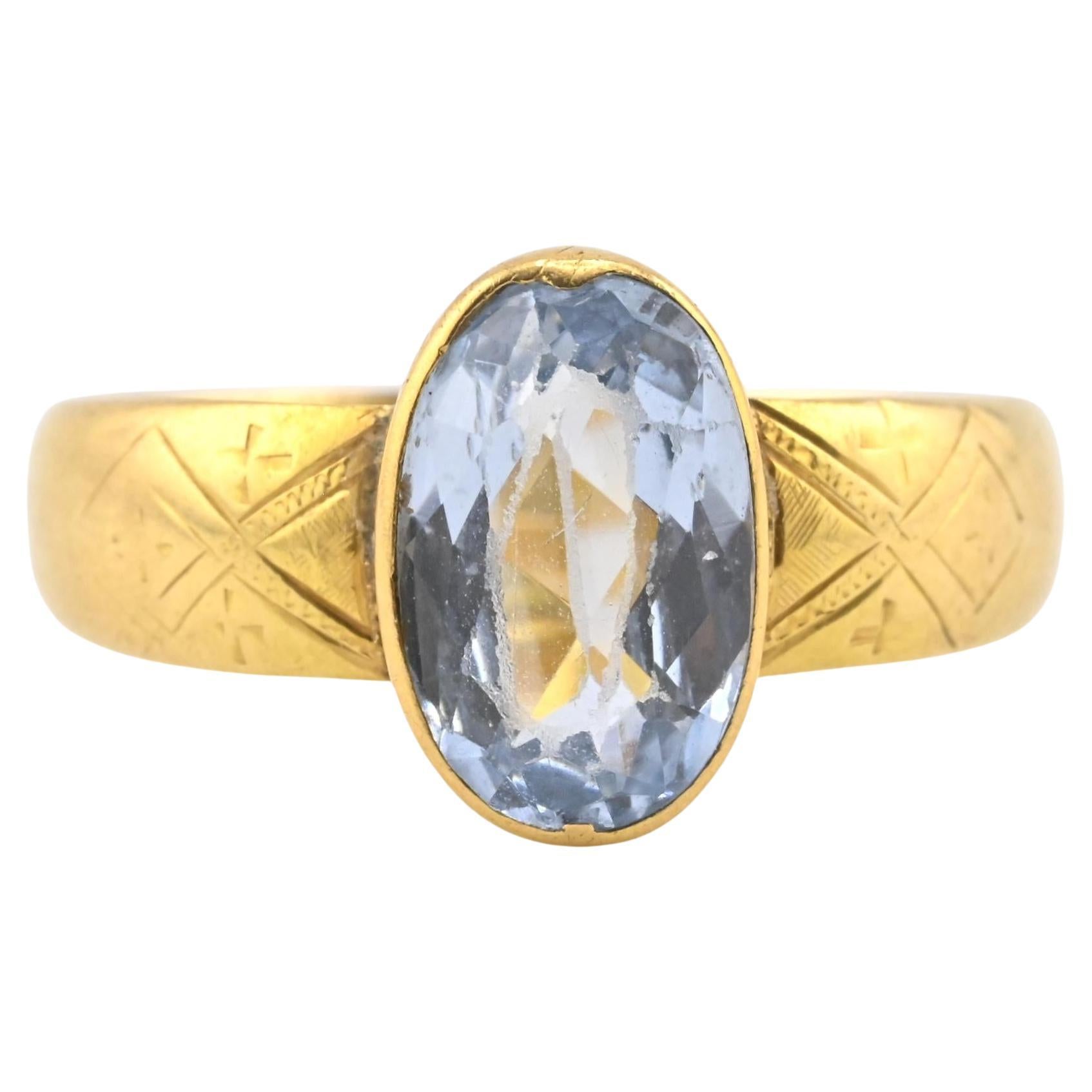 Antique 1800s 18K Yellow Gold Ring w/ Blue Lab-Grown Spinel – Oval Brilliant For Sale