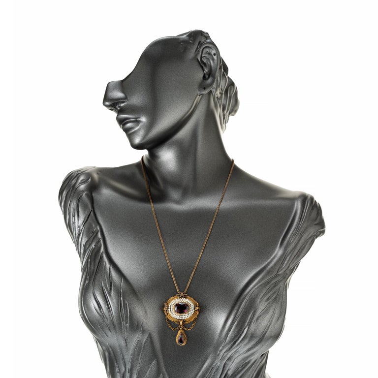 Collier Ancien En Or 18 Carats Jaune Avec Grenats Et Perles Naturelles - Bijou Vintage D'occasion