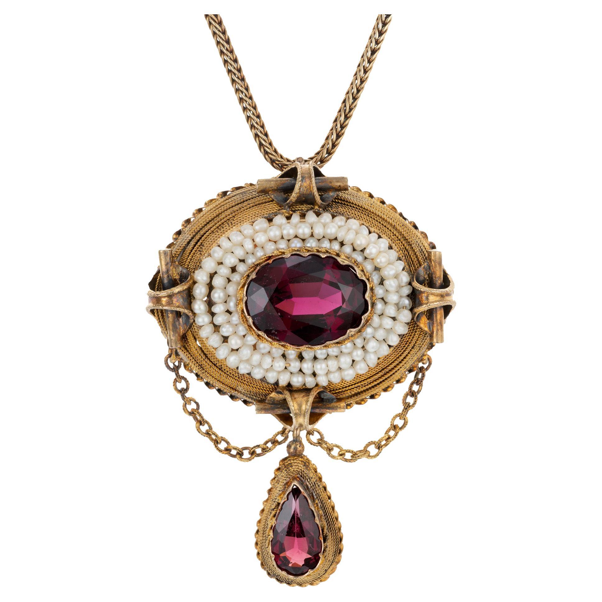 Antique 1800's 3.50 Carat Garnet Natural Pearl Yellow Gold Pendant Necklace For Sale