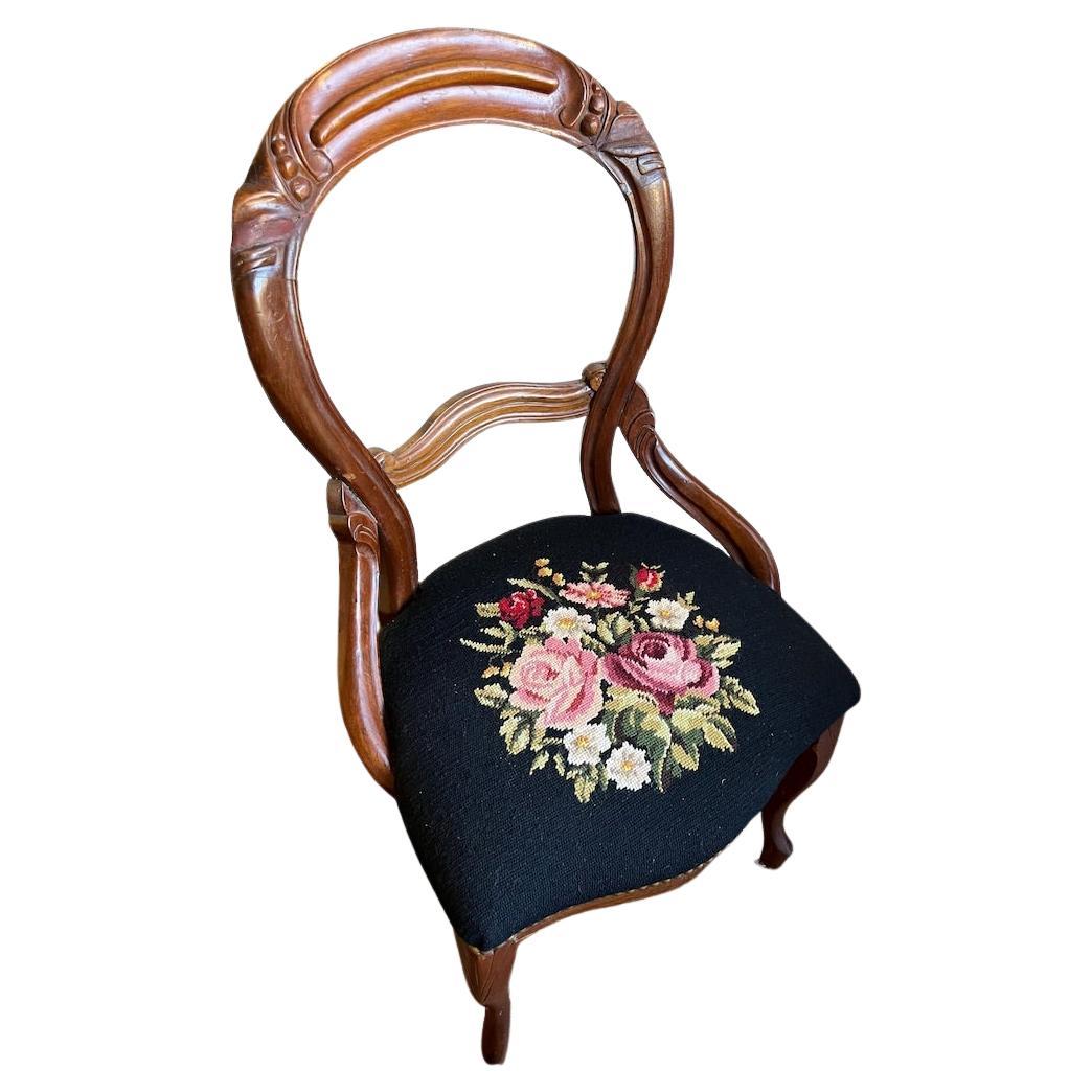 Antique 1800s Balloon Back Needlepoint Embroidered Floral Chair