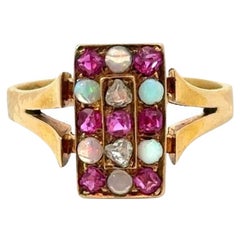 Antique 1800's Diamond Ruby & Opal 18KT Gold Checkerboard Ring