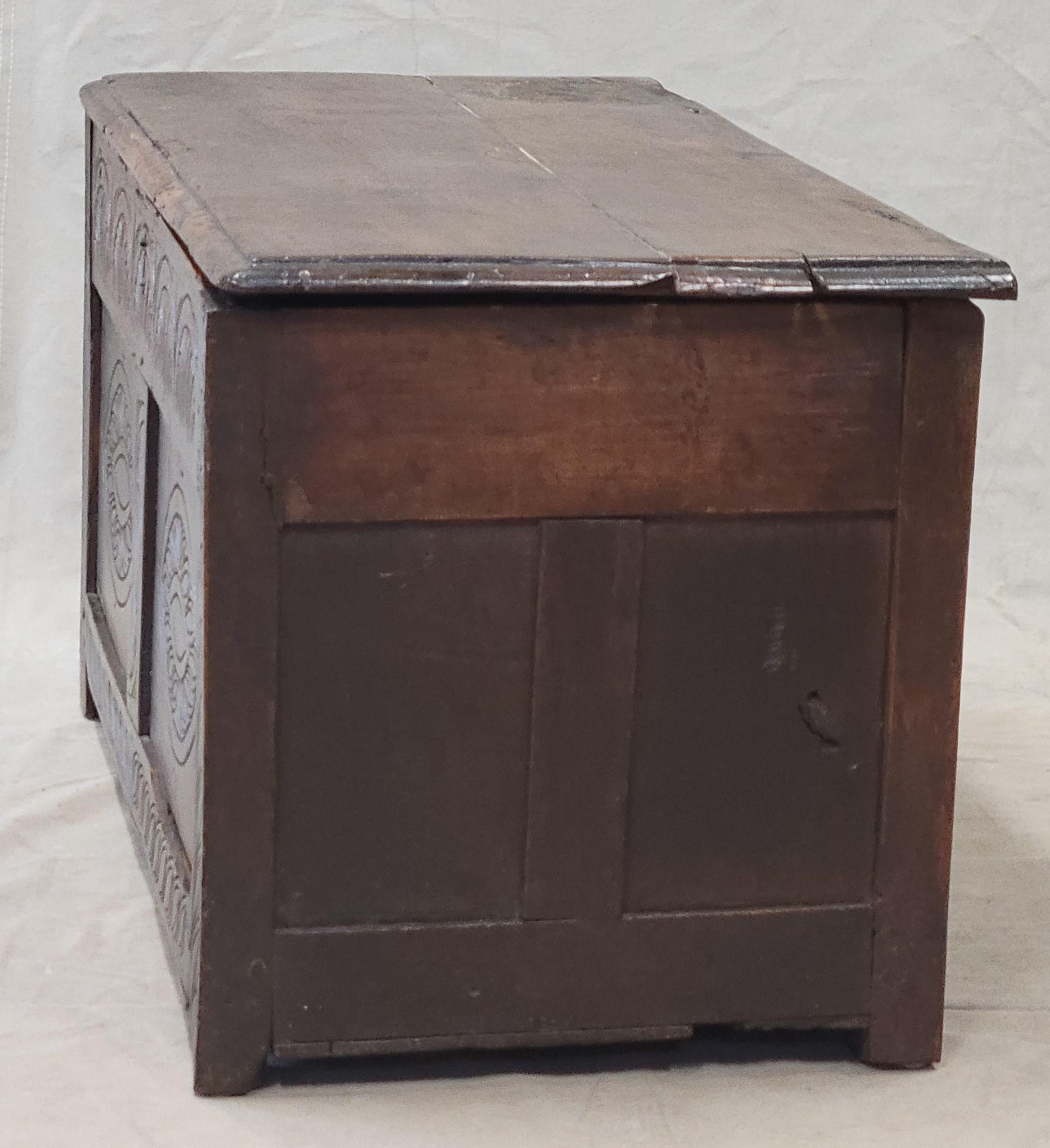 Antique 1800s English Carved Oak Coffer Storage Trunk Box For Sale 3