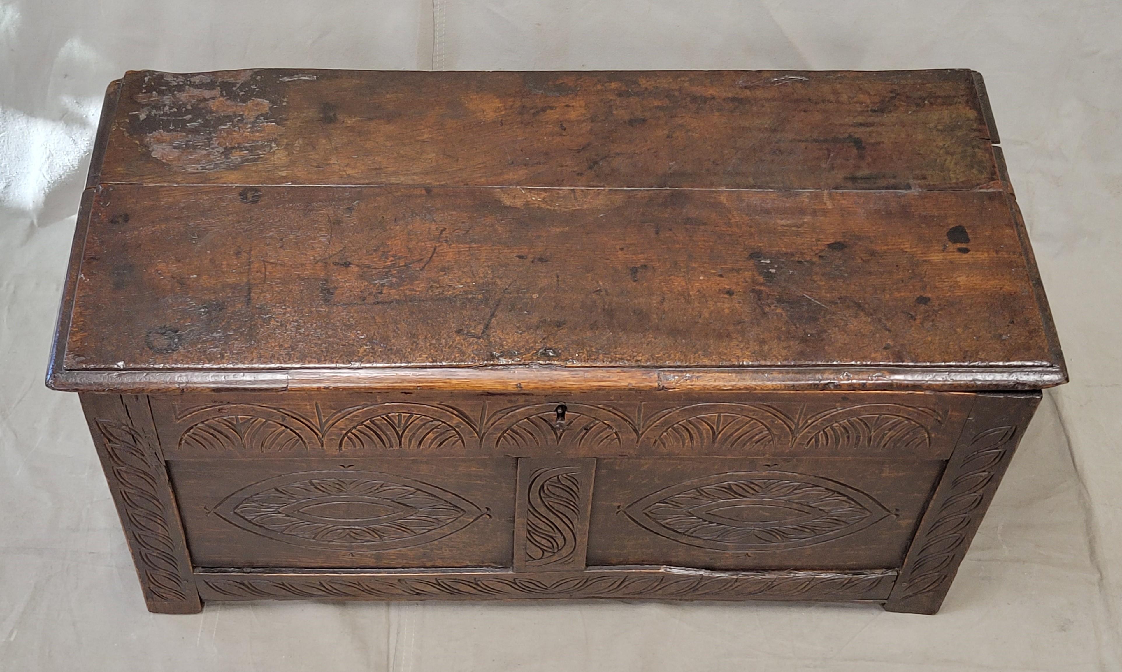 Antike 1800er Englisch geschnitzt Eiche Coffer Storage Trunk Box (Gotisch) im Angebot