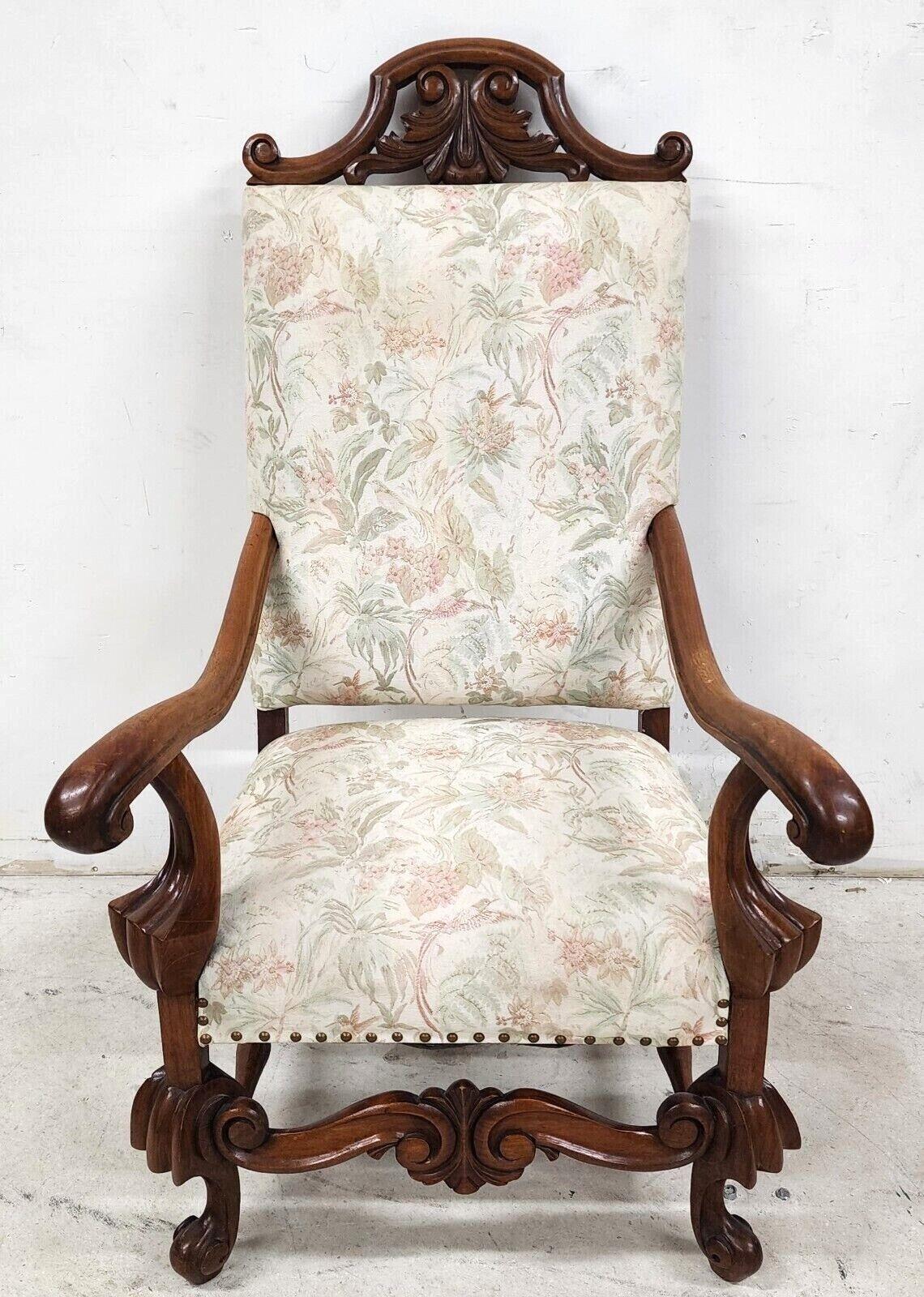 For FULL item description be sure to click on CONTINUE READING at the bottom of this listing.

Offering one of our recent Palm Beach estate fine furniture acquisitions of a
1800s French Louis XIII Walnut Throne Armchair
With wonderful carvings and