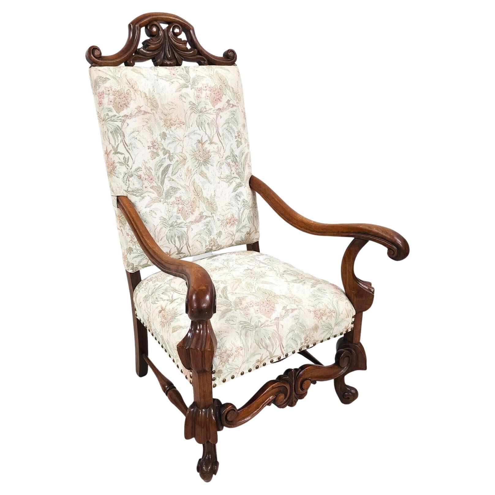1800s French Louis XIII Walnut Throne Armchair