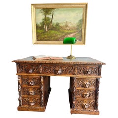 Antique 1800s Made In England "Greenman" Hand Carved Oak Pedestal Executive Desk