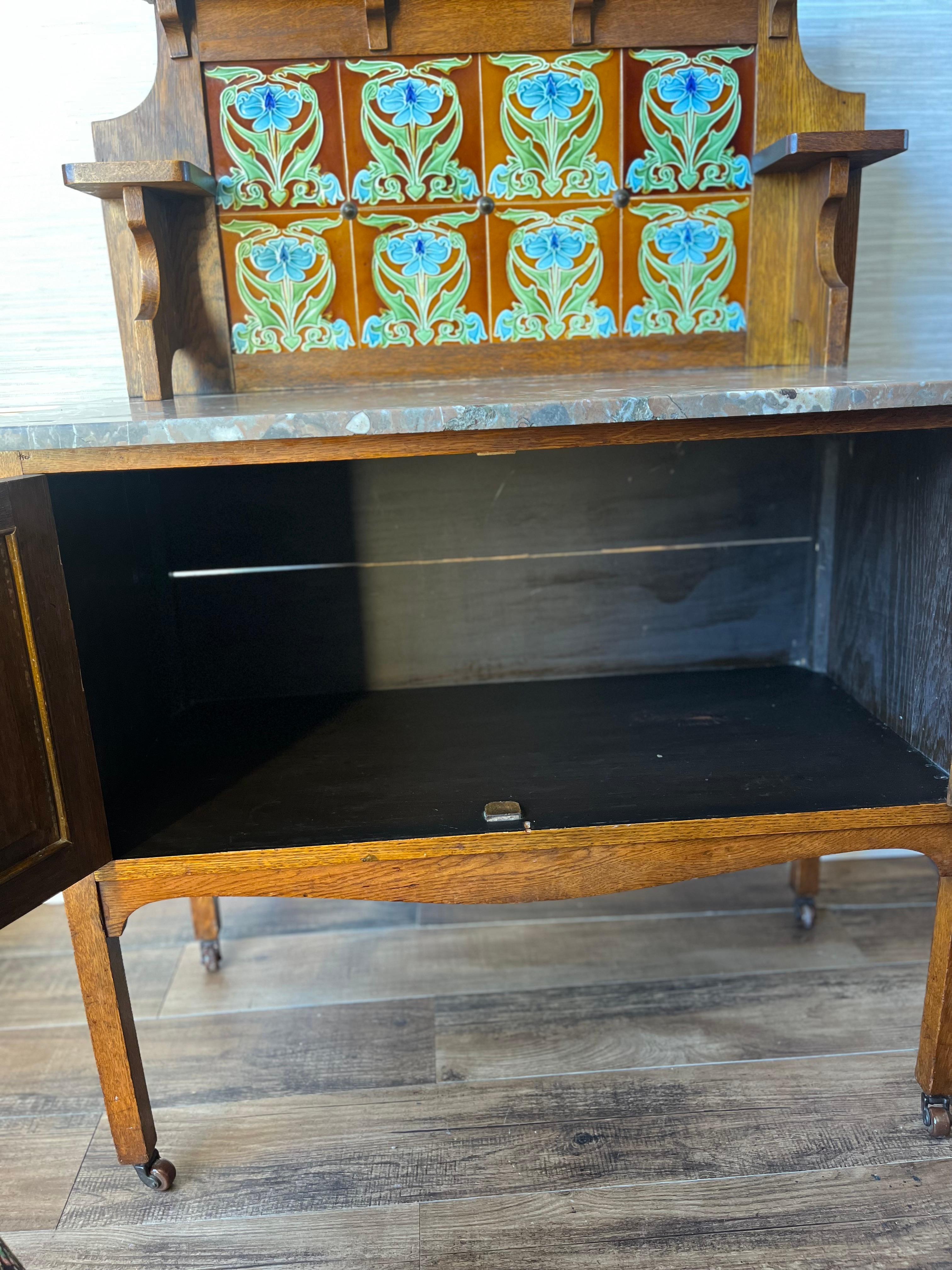 Antique 1800s Oak Washstand with Natural Stone Top and Original Handmade Tile 8