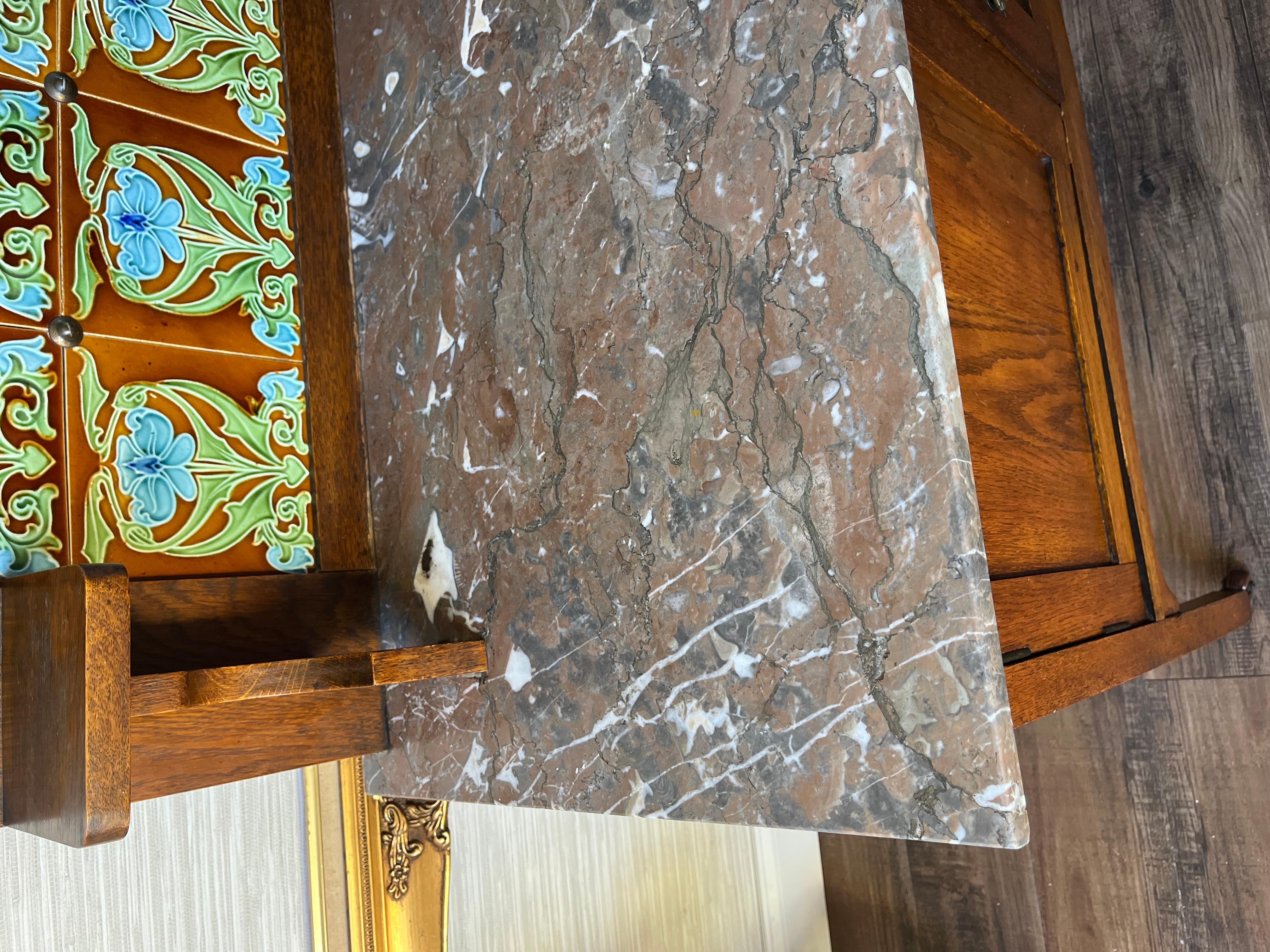 American Antique 1800s Oak Washstand with Natural Stone Top and Original Handmade Tile