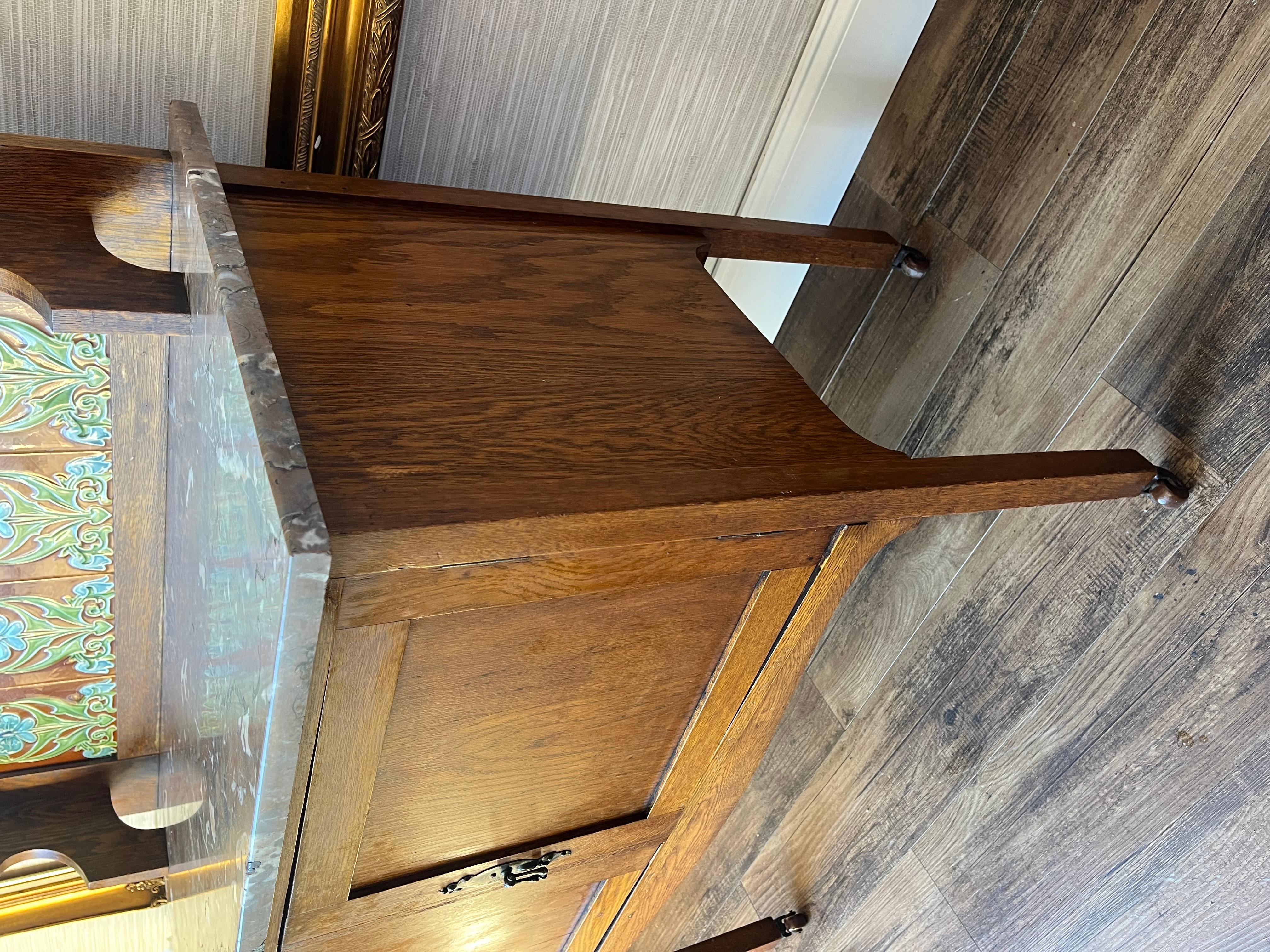 Late 19th Century Antique 1800s Oak Washstand with Natural Stone Top and Original Handmade Tile