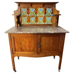 Antique 1800s Oak Washstand with Natural Stone Top and Original Handmade Tile