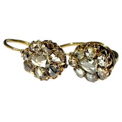 Antique 1800s Russian Cluster Rose Cut Diamond Gold Earrings
