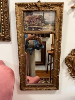 Antique 1800s Trumeau Mirror with Ornate Gold Frame and Countryside Lithograph