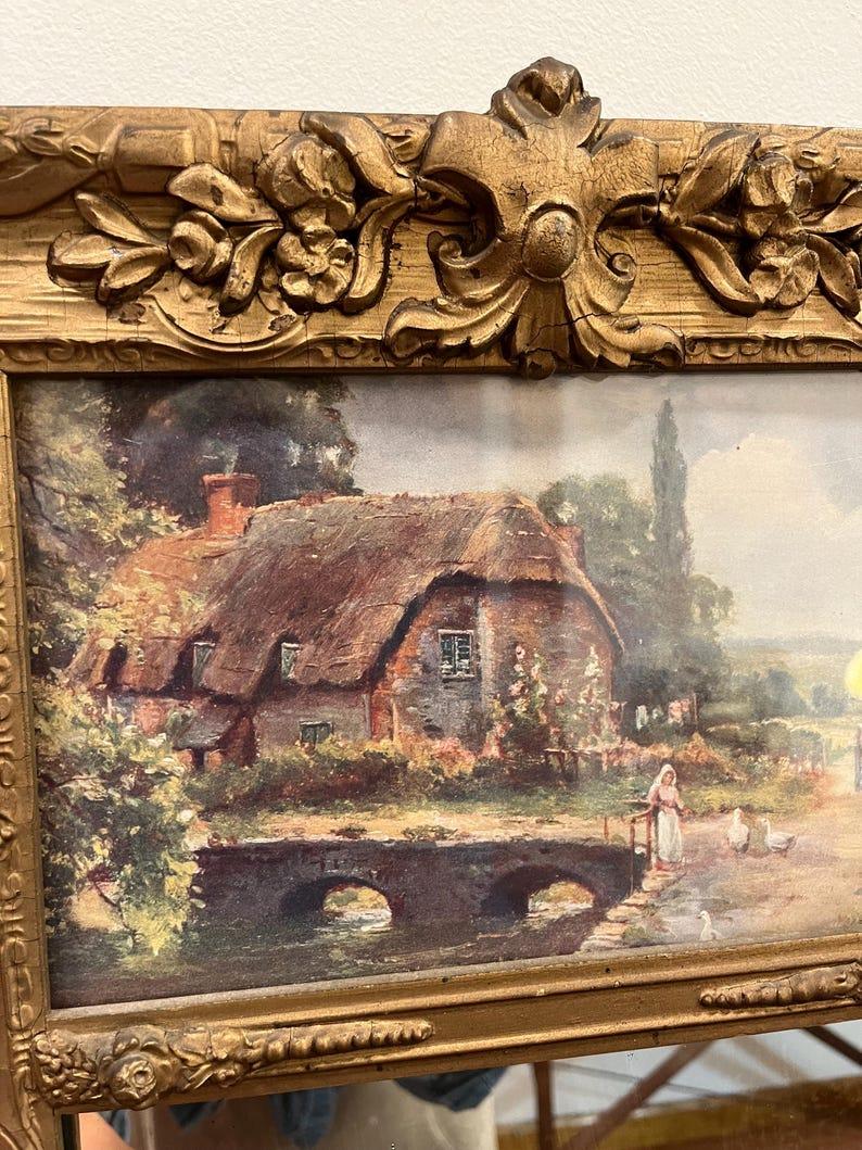 Antiguo Espejo Trumeau de 1800 con Marco Dorado Ornamentado y Litografía Campestre principios del siglo XIX en venta