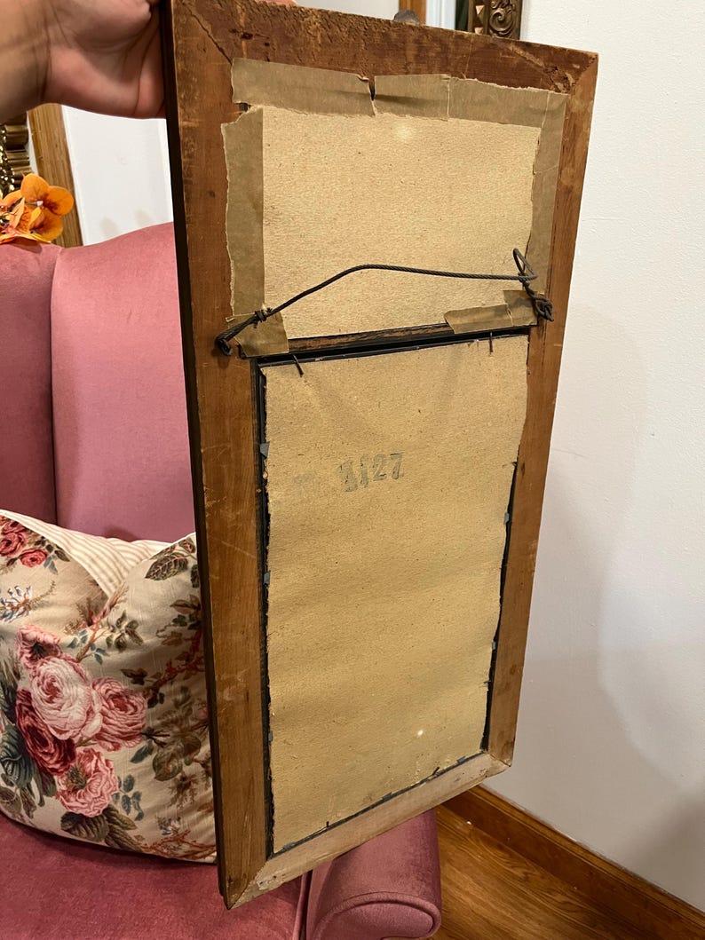 Antiguo Espejo Trumeau de 1800 con Marco Dorado Ornamentado y Litografía Campestre en venta 2